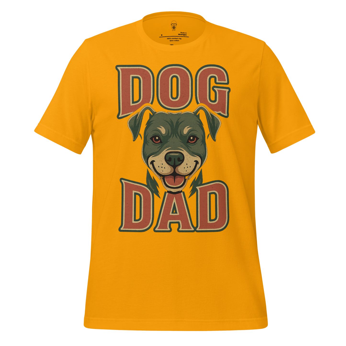 JMK Drip yellow dog dad t-shirt featuring a happy dog's face graphic and bold text design