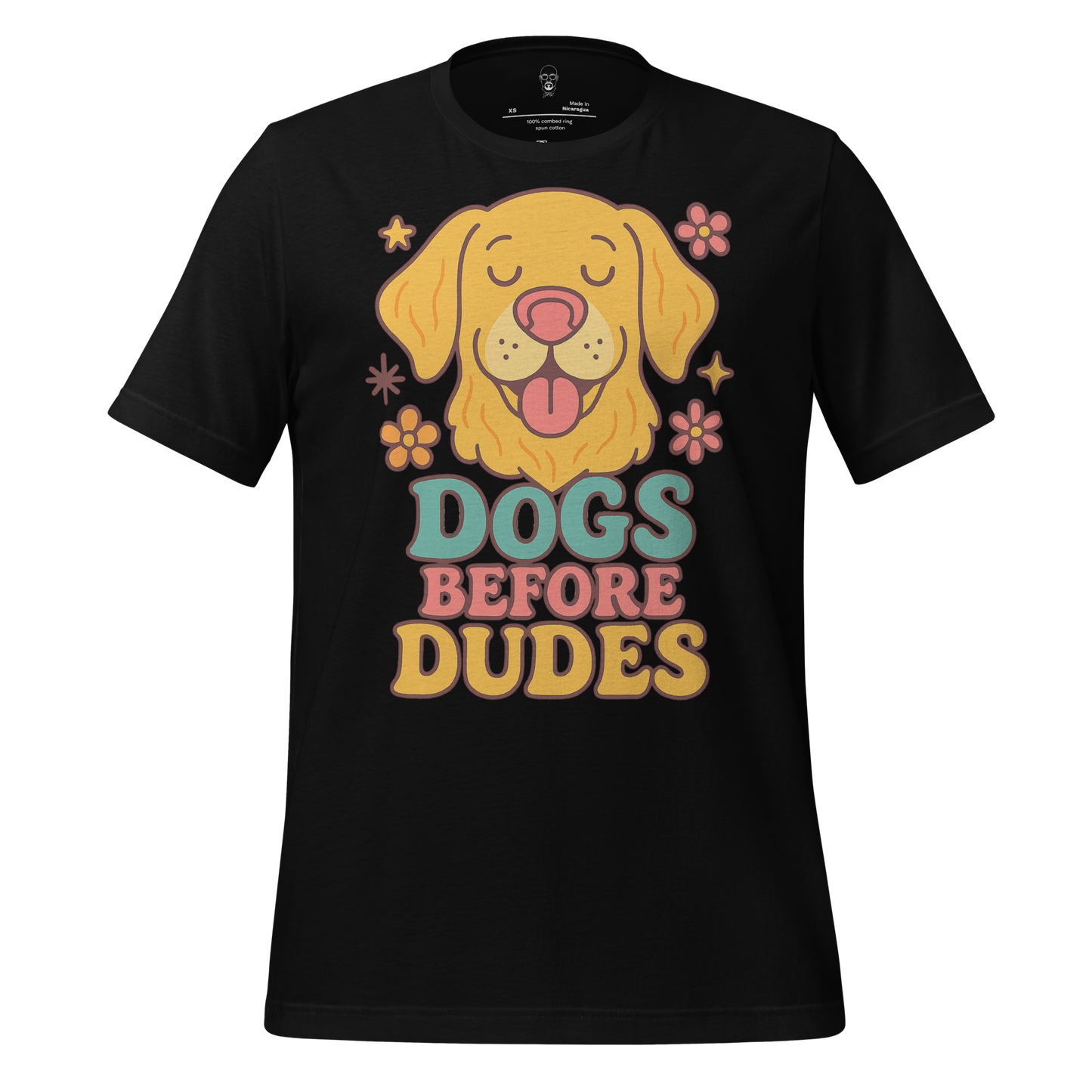 Black dogs before dudes t-shirt with a cute yellow dog illustration and colorful flowers