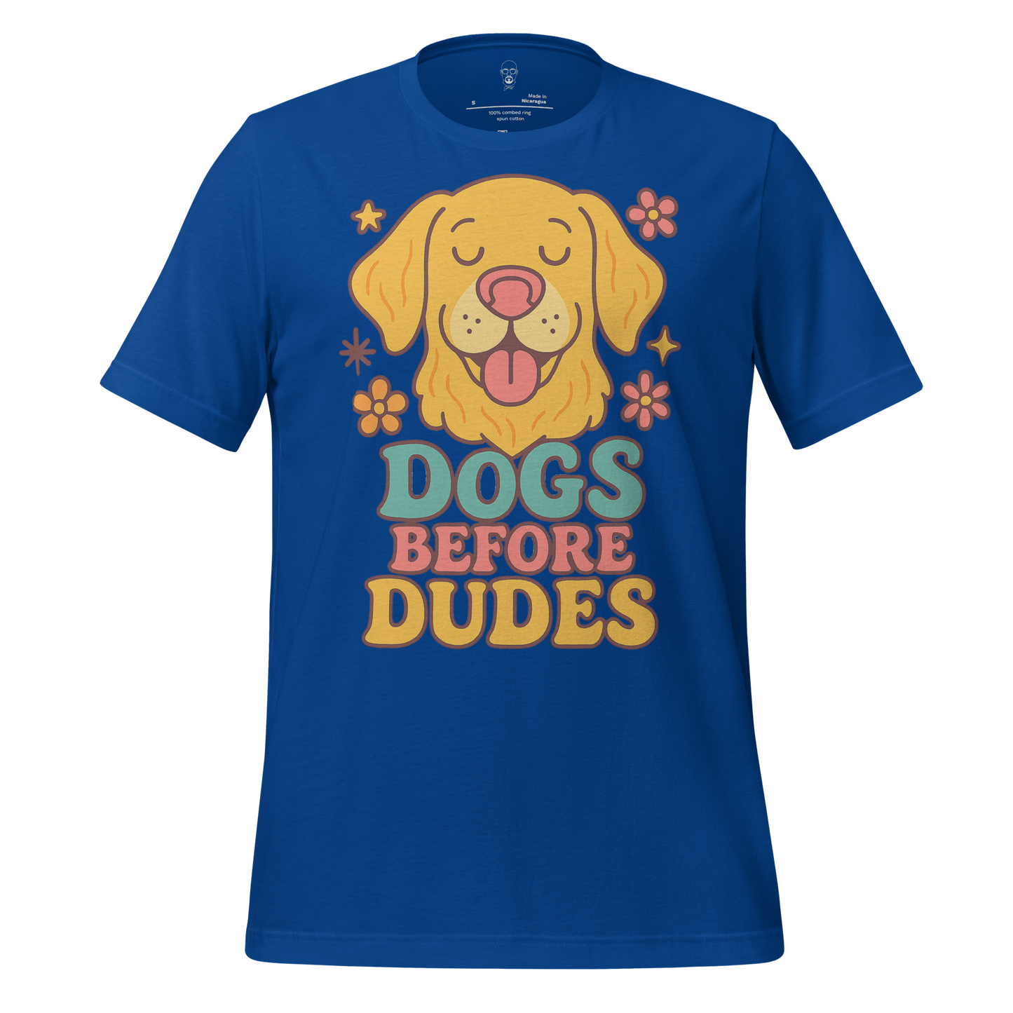 Blue JMK Drip dogs before dudes t-shirt with smiling dog graphic and colorful flowers
