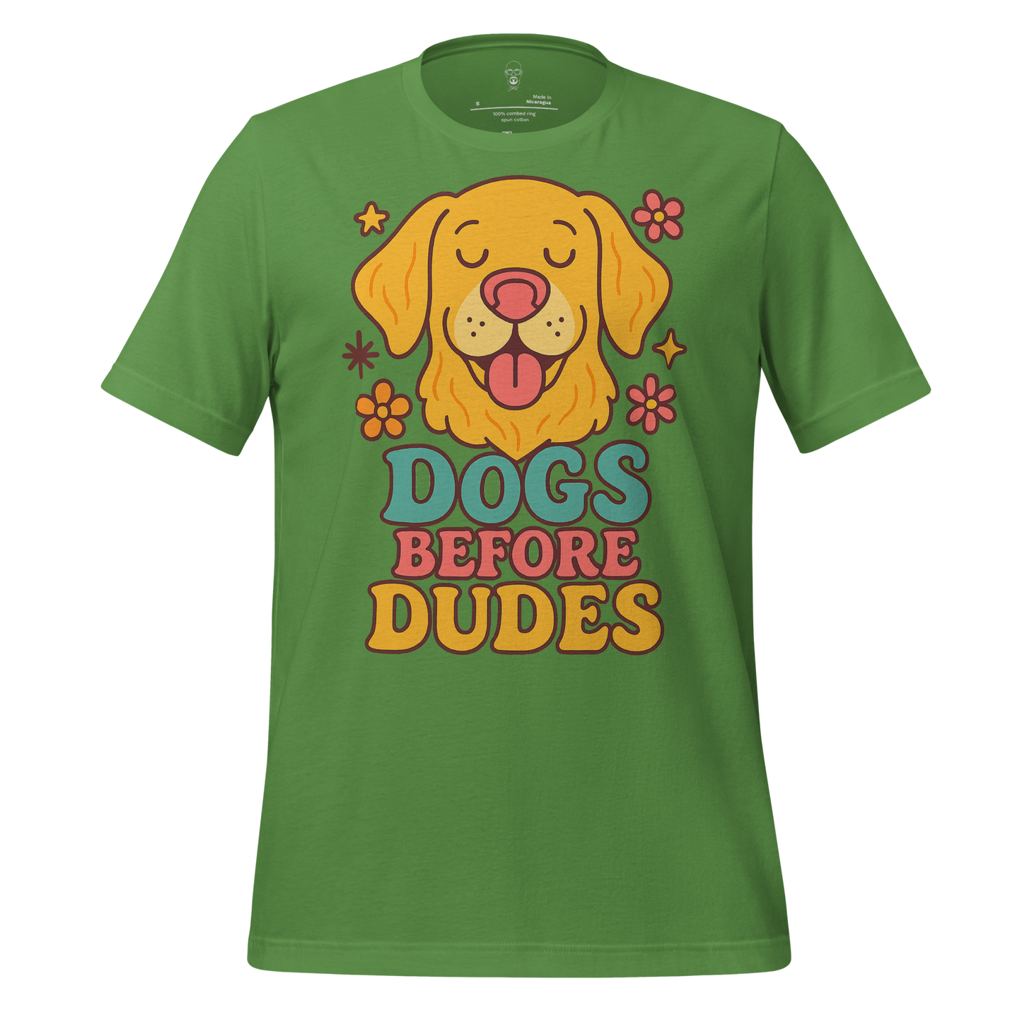 Green dogs before dudes t-shirt featuring a happy cartoon dog with flowers around it