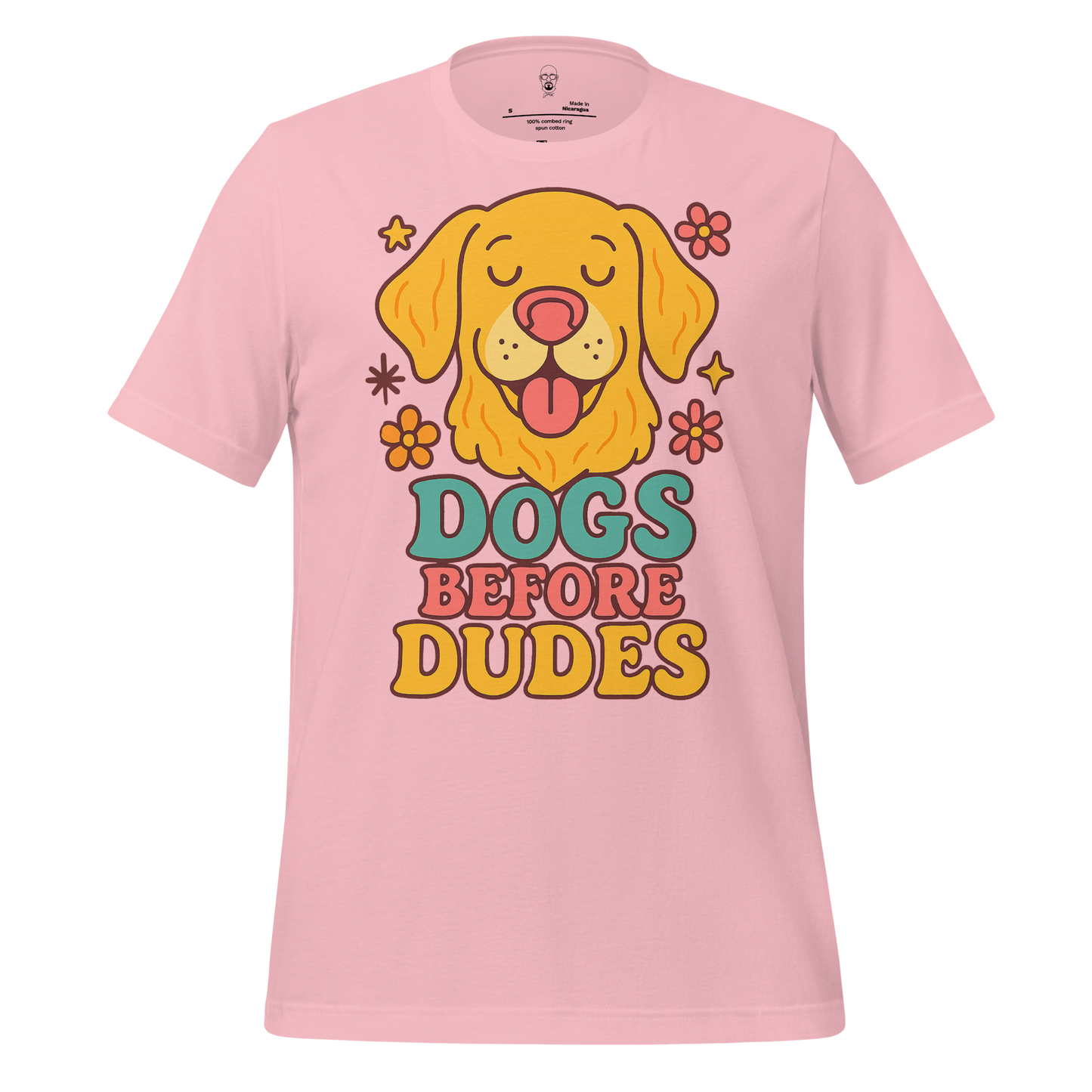 Pink dogs before dudes t-shirt with smiling dog graphic and colorful flower accents