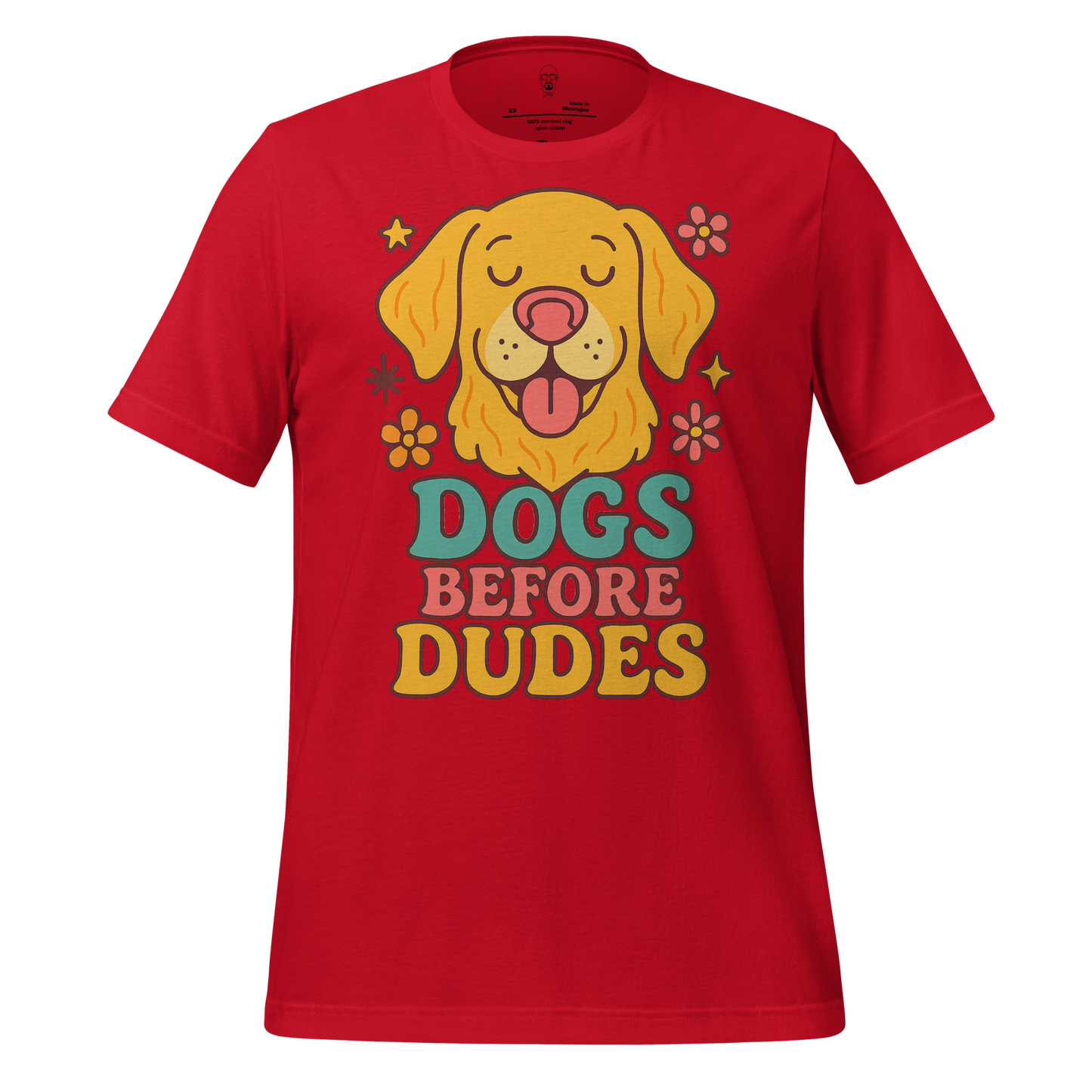 Red dogs before dudes t-shirt with cartoon golden retriever and colorful floral design