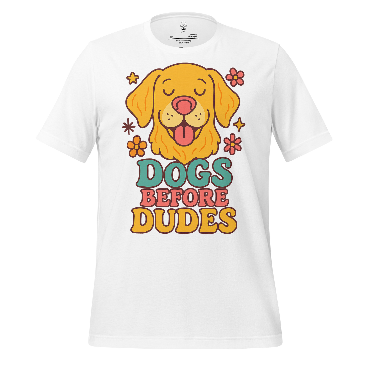 White dogs before dudes t-shirt with colorful dog illustration and floral design by JMK Drip