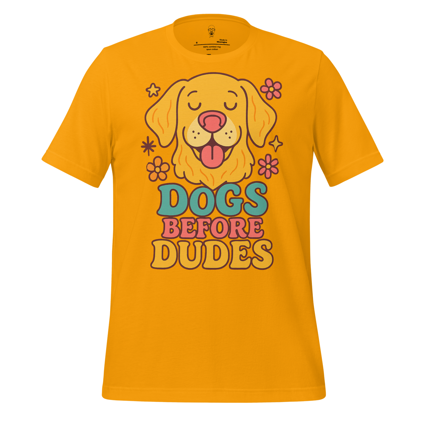 JMK Drip yellow dogs before dudes t-shirt with happy dog face and colorful flowers graphic