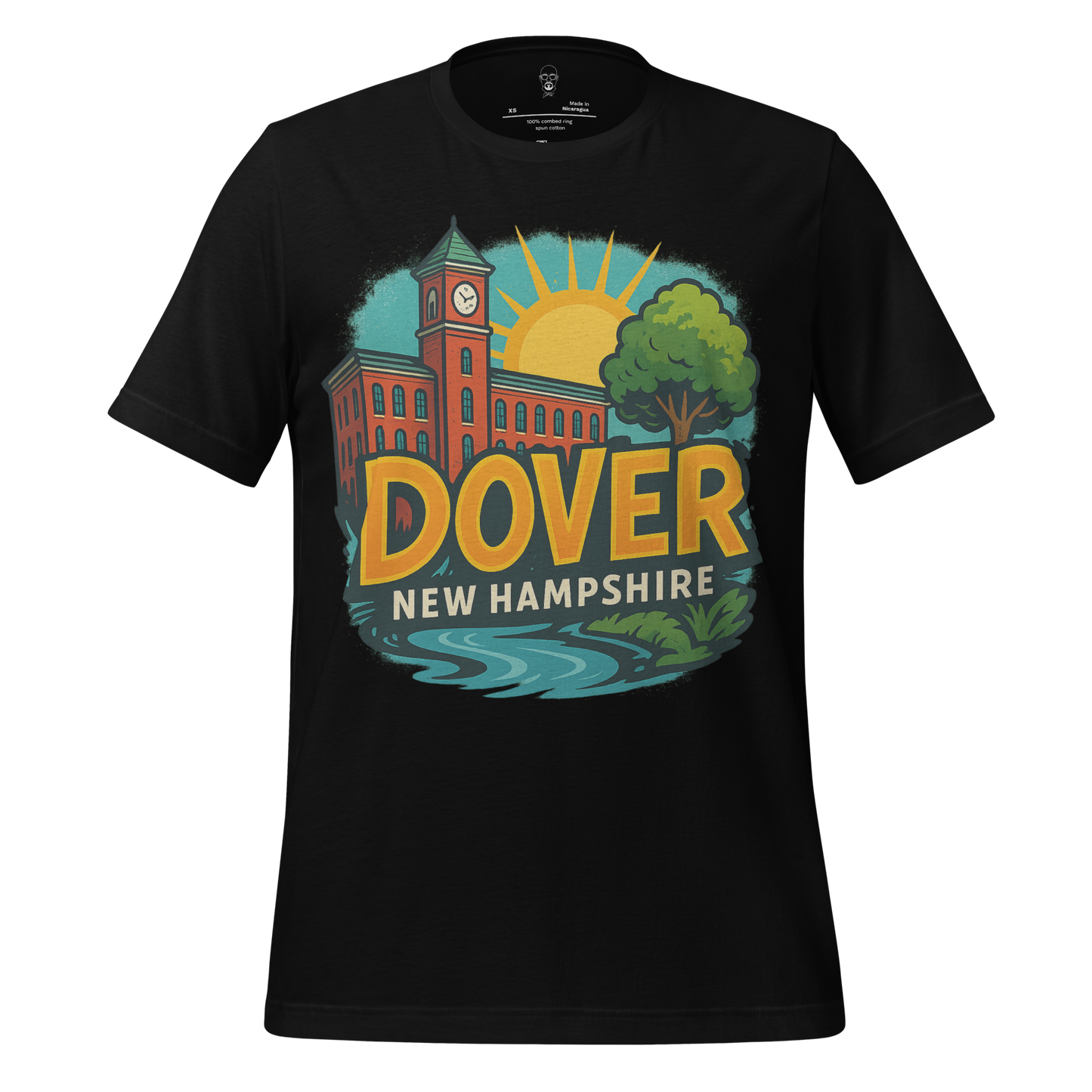 Black Dover Graphic T-Shirt by JMK Drip featuring a colorful Dover New Hampshire design with clock tower and nature