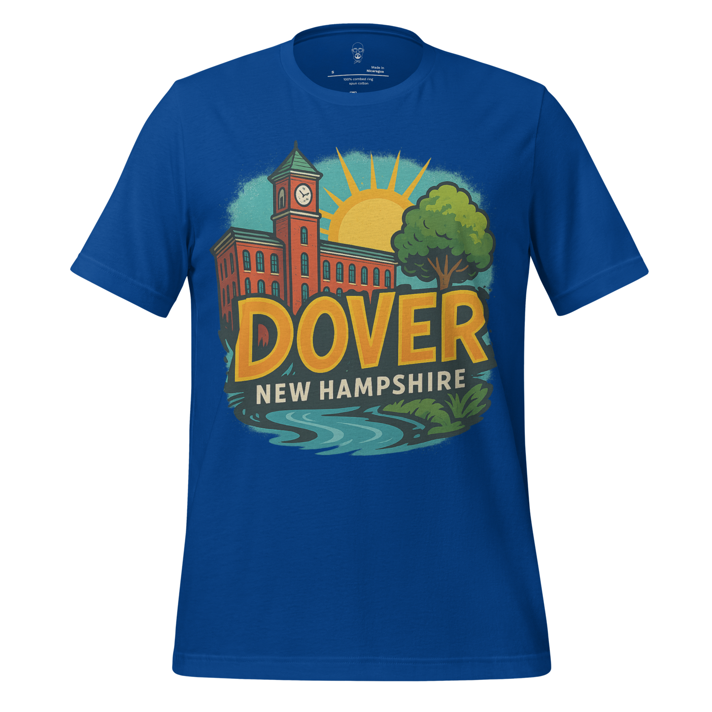 Blue Dover Graphic T-Shirt by JMK Drip featuring a colorful Dover New Hampshire sunrise design