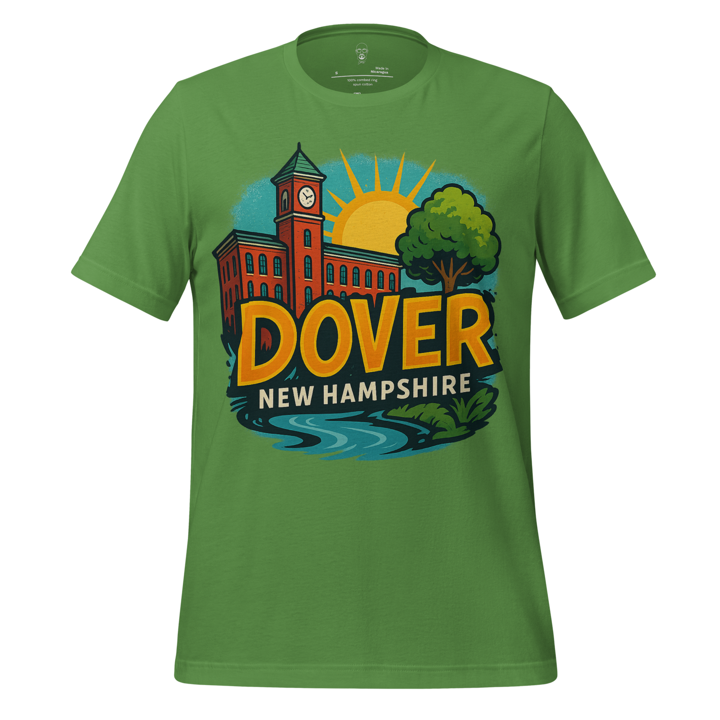 Green Dover Graphic T-Shirt featuring Dover New Hampshire clock tower and scenic landscape design