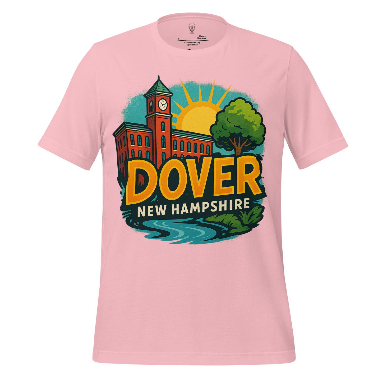 Pink Dover Graphic T-Shirt by JMK Drip featuring a colorful illustration of Dover New Hampshire with a clock tower and sunset