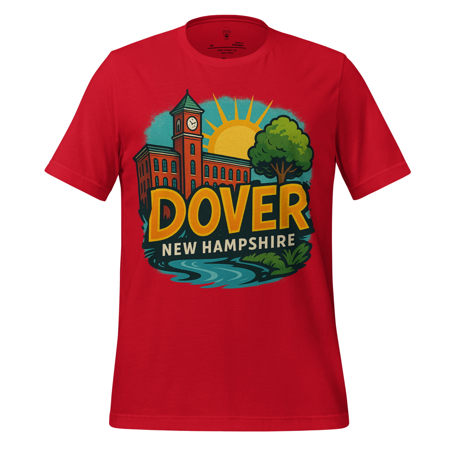 JMK Drip red Dover Graphic T-Shirt featuring Dover New Hampshire design with clock tower and sunrise