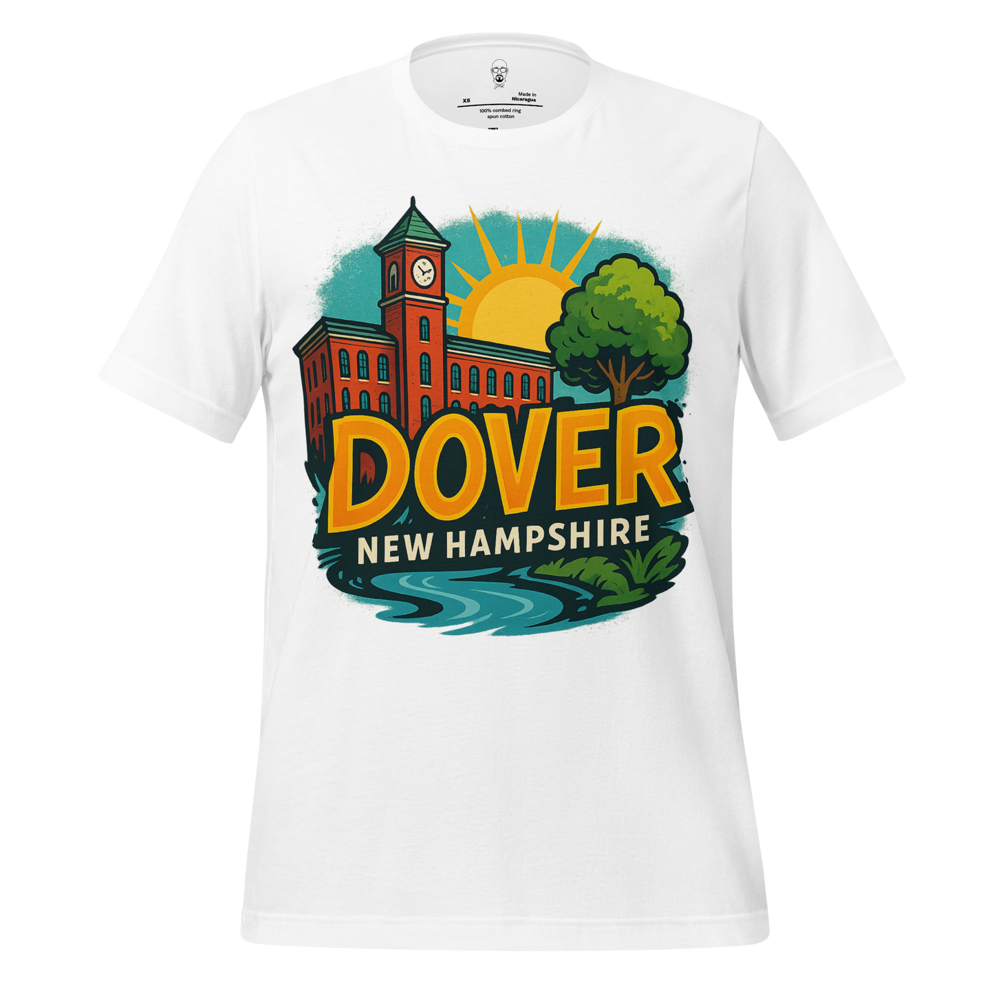 White Dover Graphic T-Shirt by JMK Drip featuring colorful Dover New Hampshire design with clock tower and sun