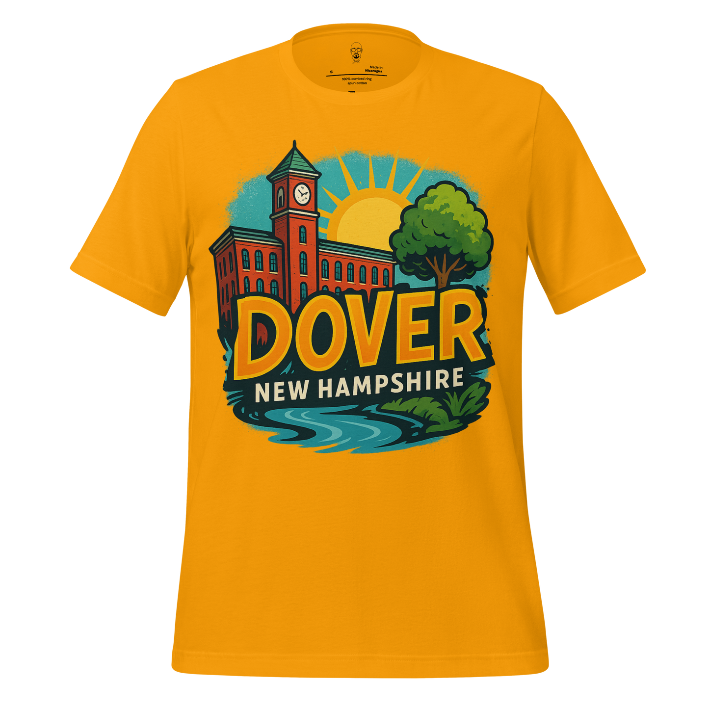 Yellow Dover Graphic T-Shirt by JMK Drip featuring Dover New Hampshire design with clock tower and scenic river