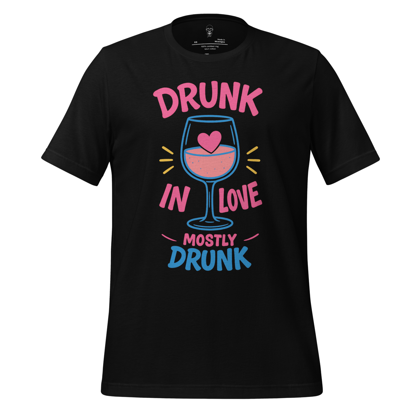 Black JMK Drip Drunk in Love t-shirt with colorful wine glass and heart graphic design