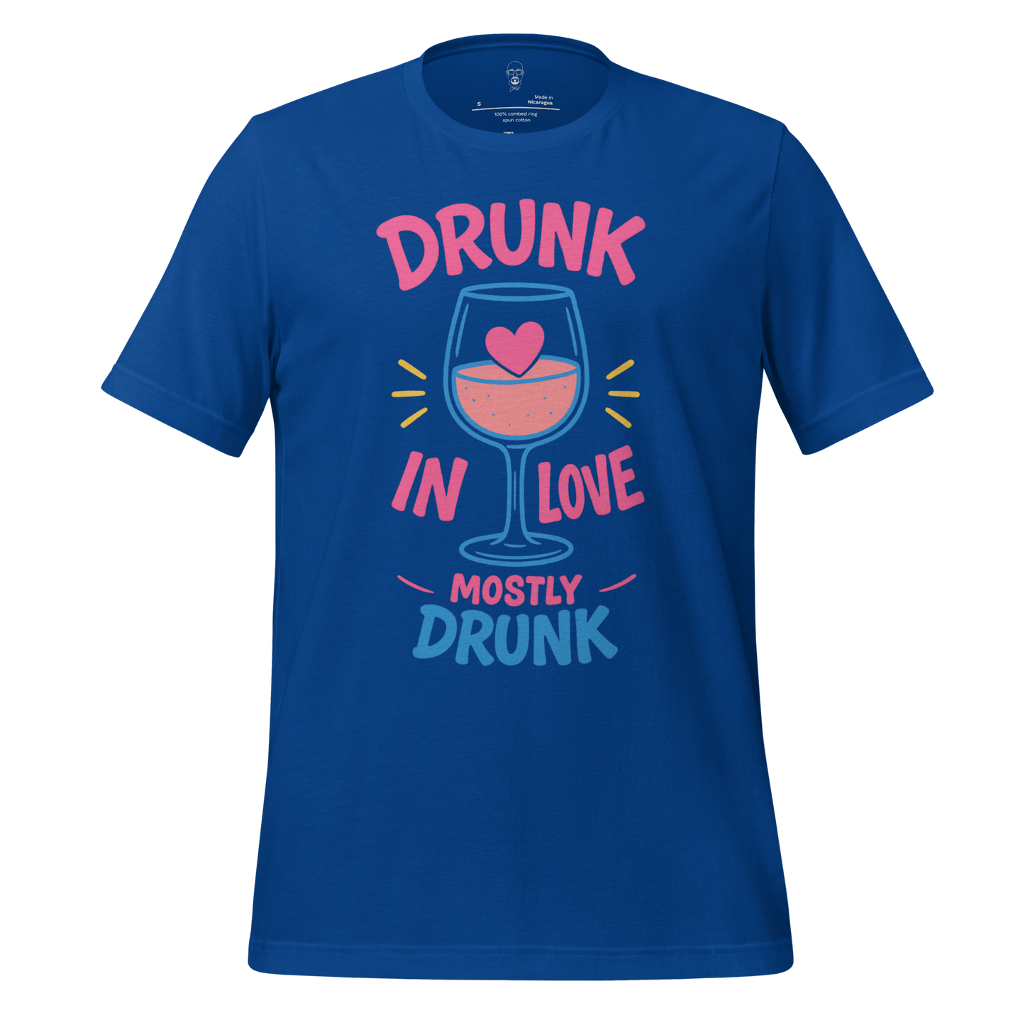 Blue Drunk in Love t-shirt by JMK Drip with wine glass graphic and pink and blue text design