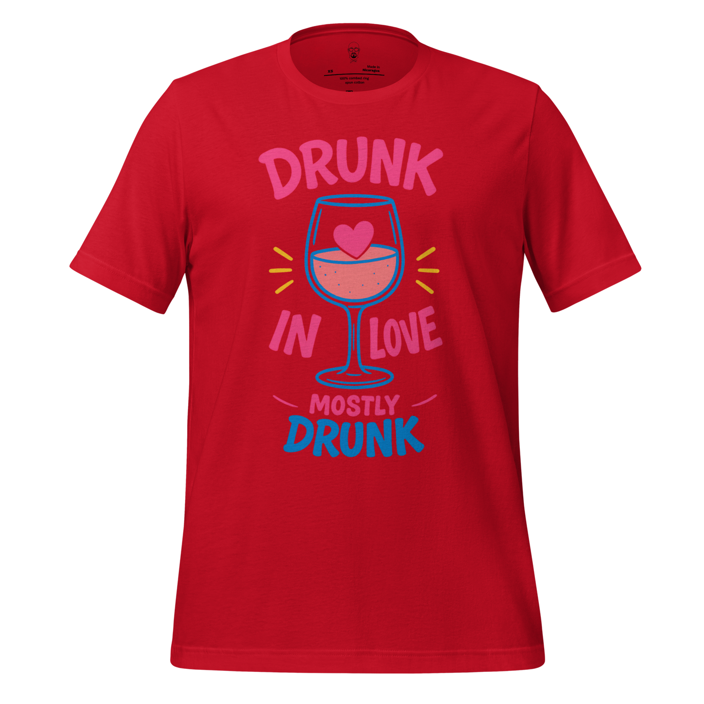 Red Drunk in Love t-shirt with colorful wine glass and heart graphic by JMK Drip