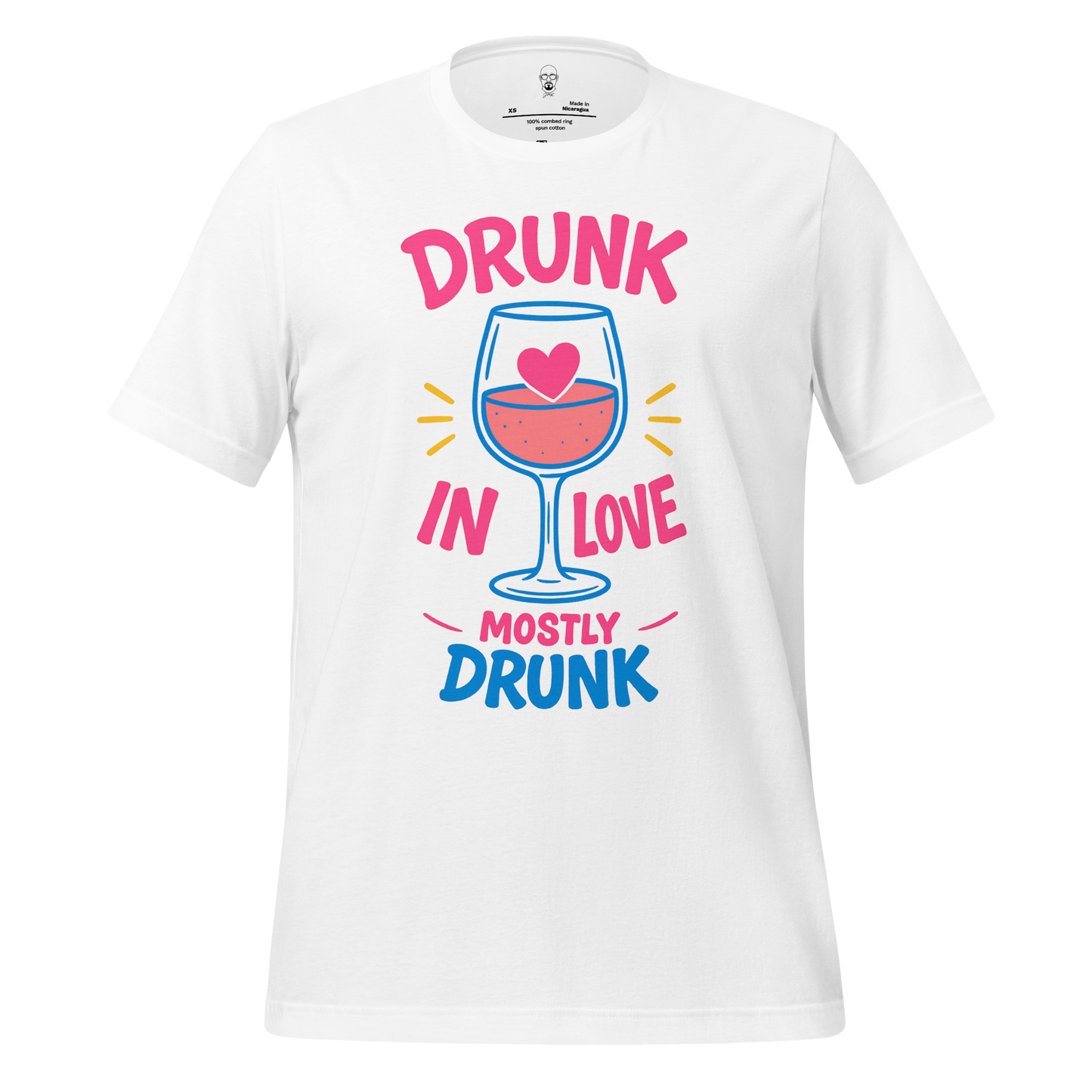 White Drunk in Love t-shirt with colorful wine glass and heart graphic design