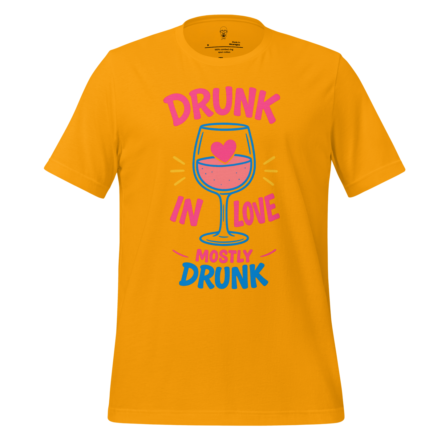 JMK Drip yellow Drunk in Love t-shirt with colorful wine glass and heart graphic design