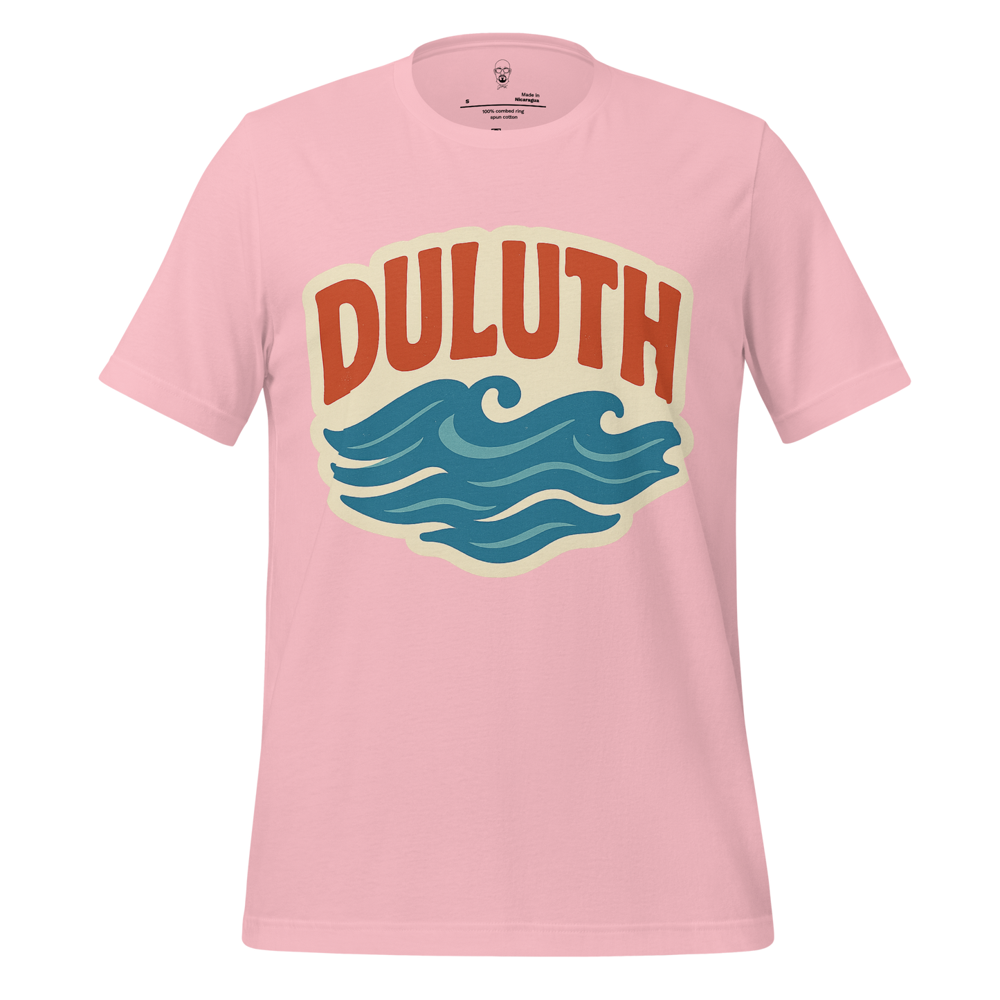 Pink Duluth Graphic T-Shirt by JMK Drip with blue wave design and bold text
