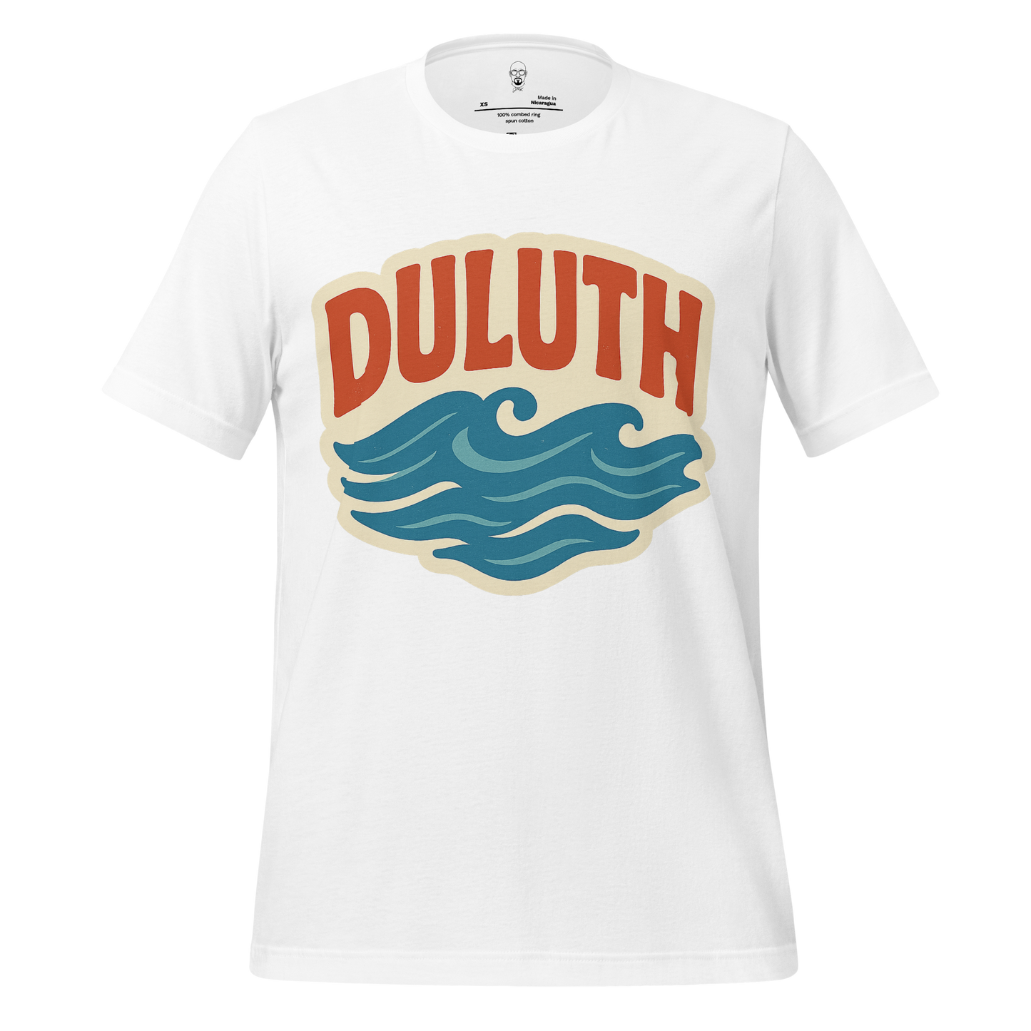 White JMK Drip Duluth Graphic T-Shirt with blue wave design and bold orange text