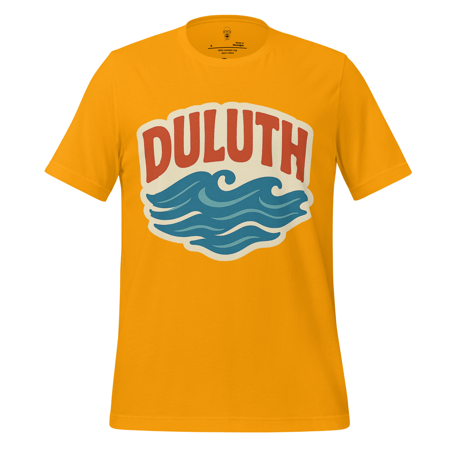 JMK Drip Duluth Graphic T-Shirt in yellow with red text and blue wave design