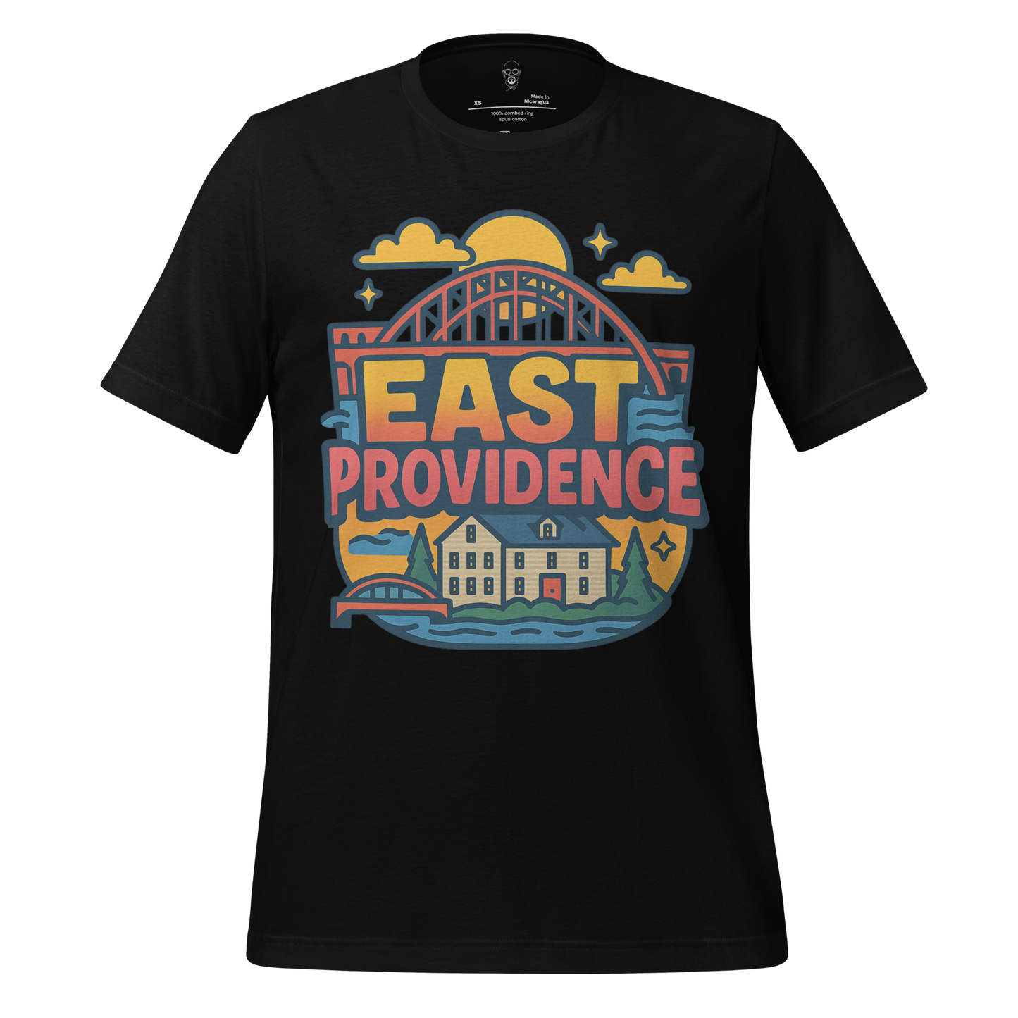 Black East Providence Graphic T-Shirt with colorful bridge and house design by JMK Drip