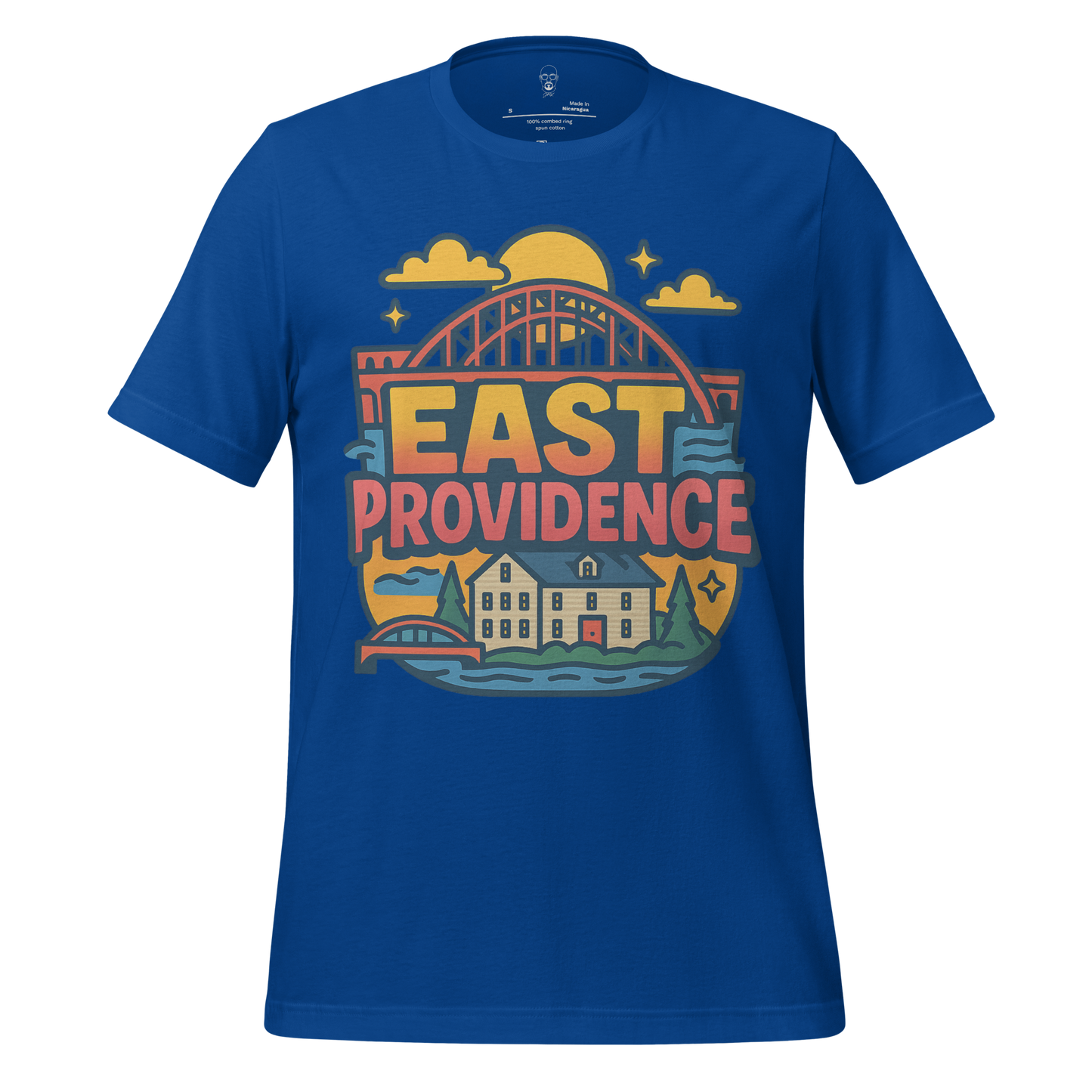 Blue East Providence Graphic T-Shirt by JMK Drip featuring bridge and house design