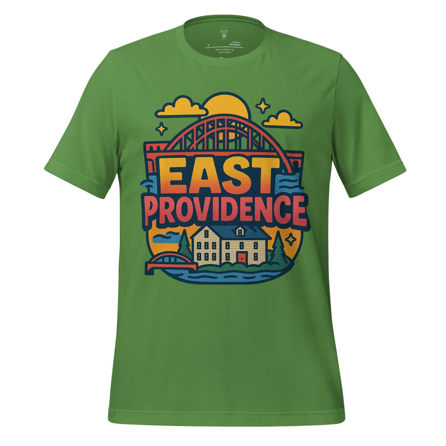 Green JMK Drip East Providence Graphic T Shirt with colorful cityscape and bridge design