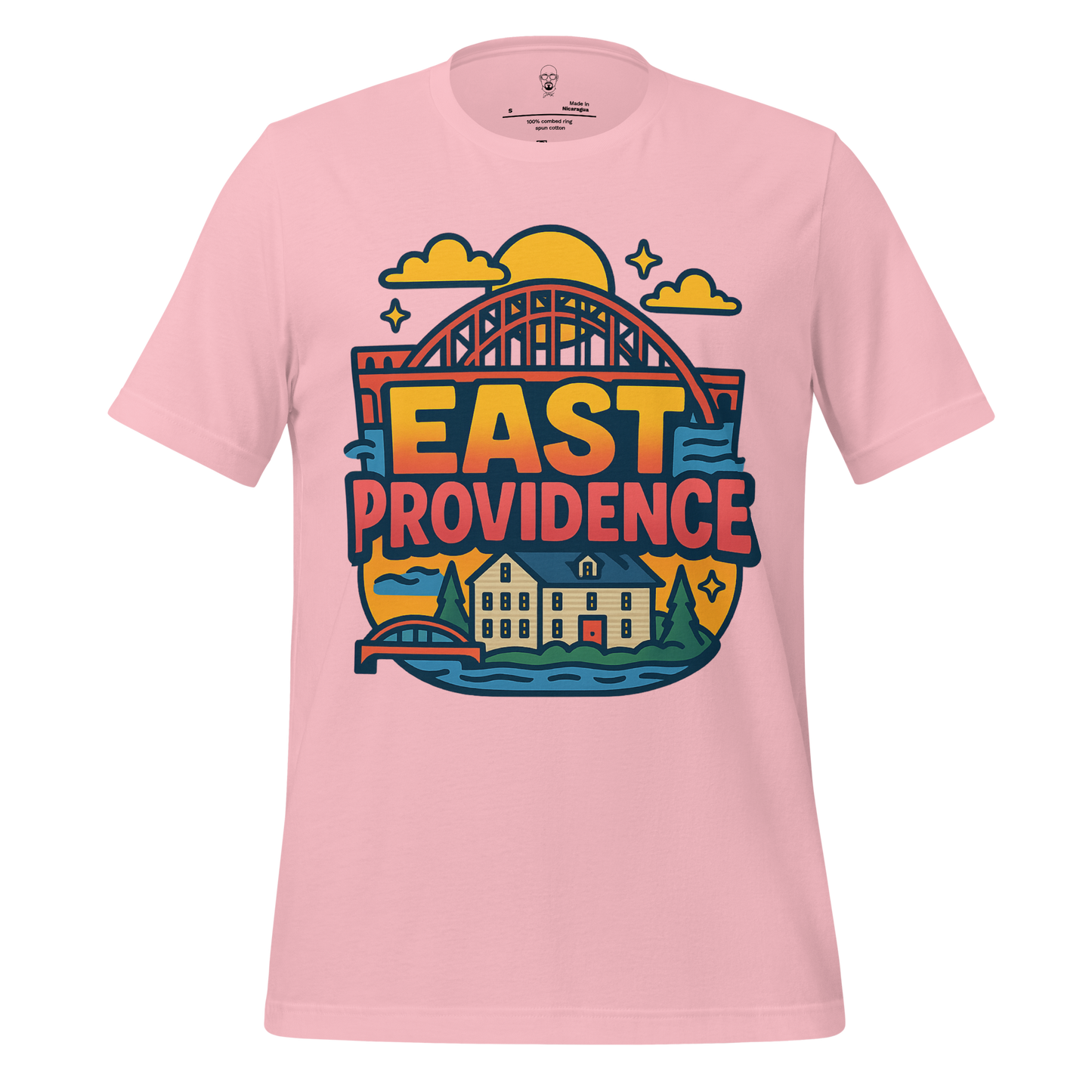 Pink JMK Drip East Providence Graphic T-Shirt featuring colorful cityscape and bridge design