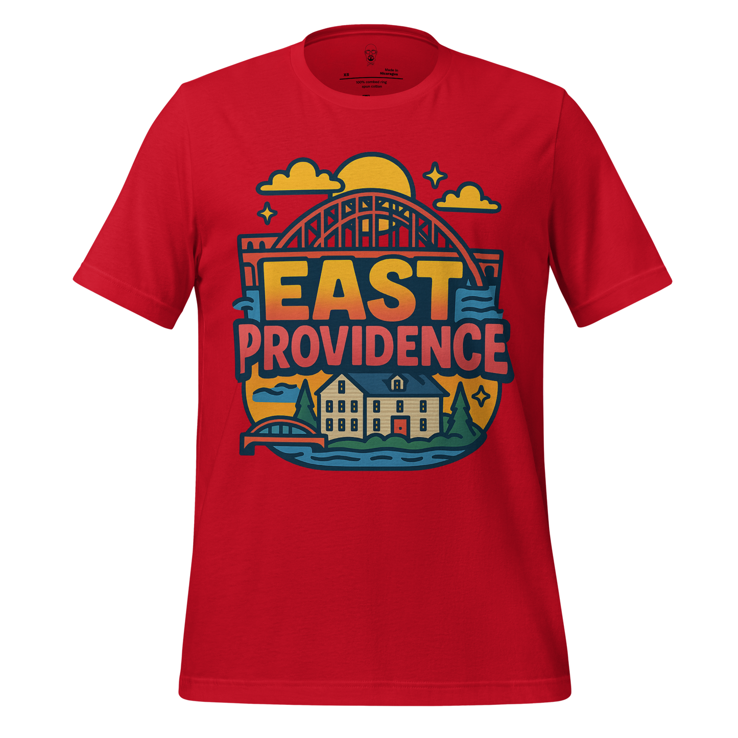 Red JMK Drip East Providence Graphic T-Shirt featuring a bridge and house design