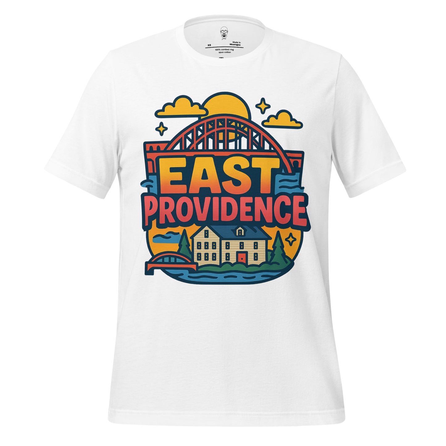 White East Providence Graphic T-Shirt by JMK Drip with colorful bridge and house illustration