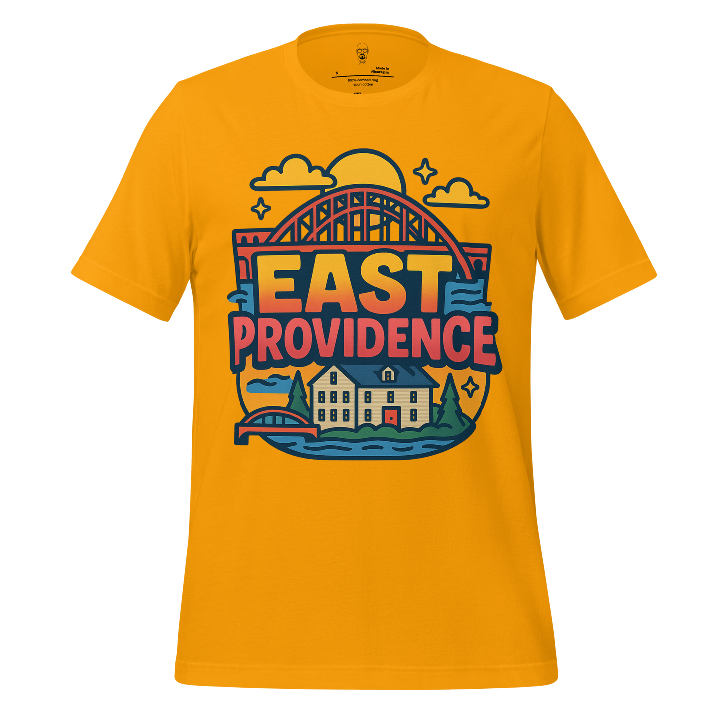 JMK Drip East Providence Graphic T-Shirt in yellow with cityscape and bridge illustration