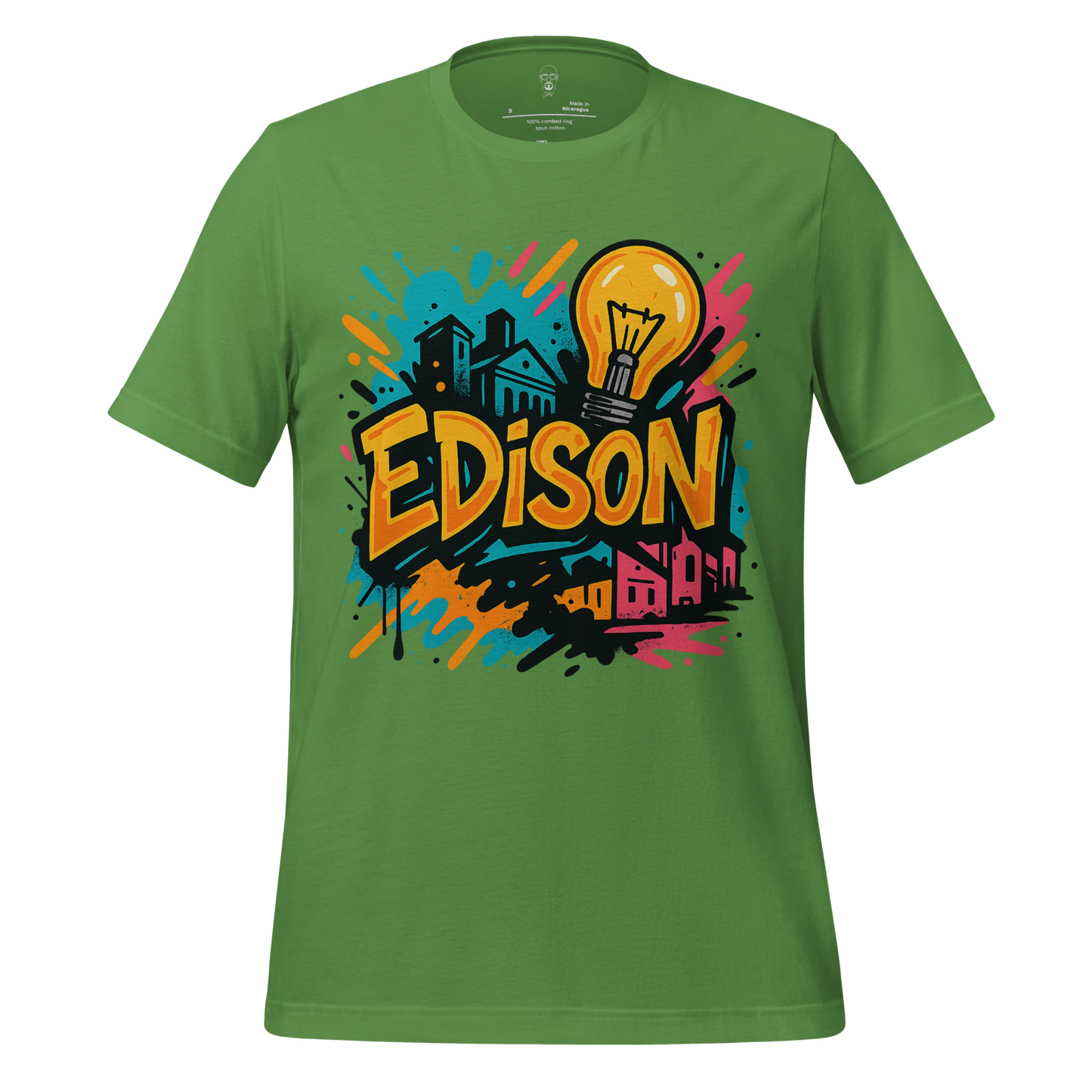 Green JMK Drip Edison Graphic T-Shirt with colorful light bulb and cityscape design