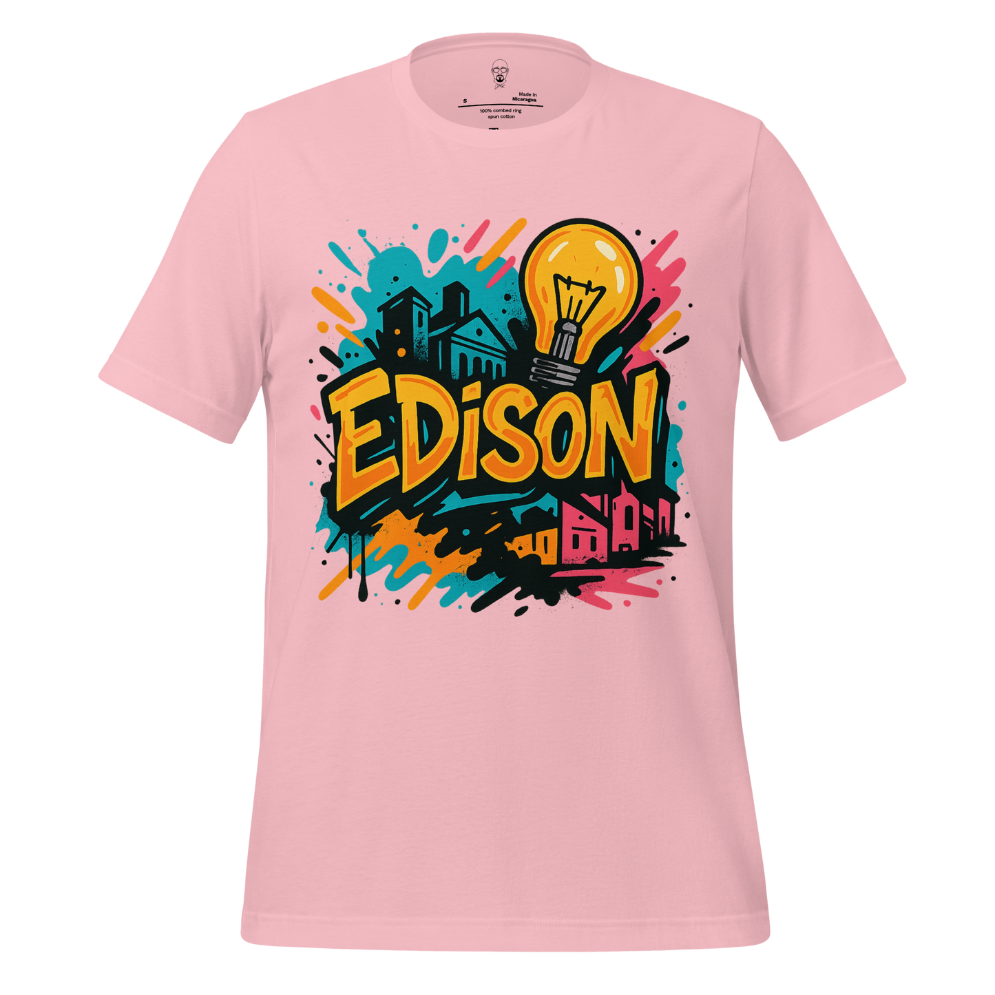 JMK Drip pink Edison Graphic T-Shirt with colorful light bulb and cityscape design