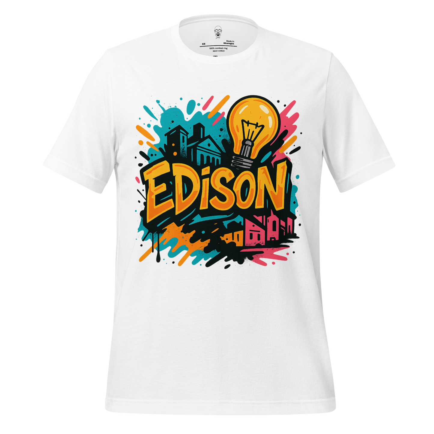 White JMK Drip Edison Graphic T-Shirt with colorful urban design and a light bulb illustration