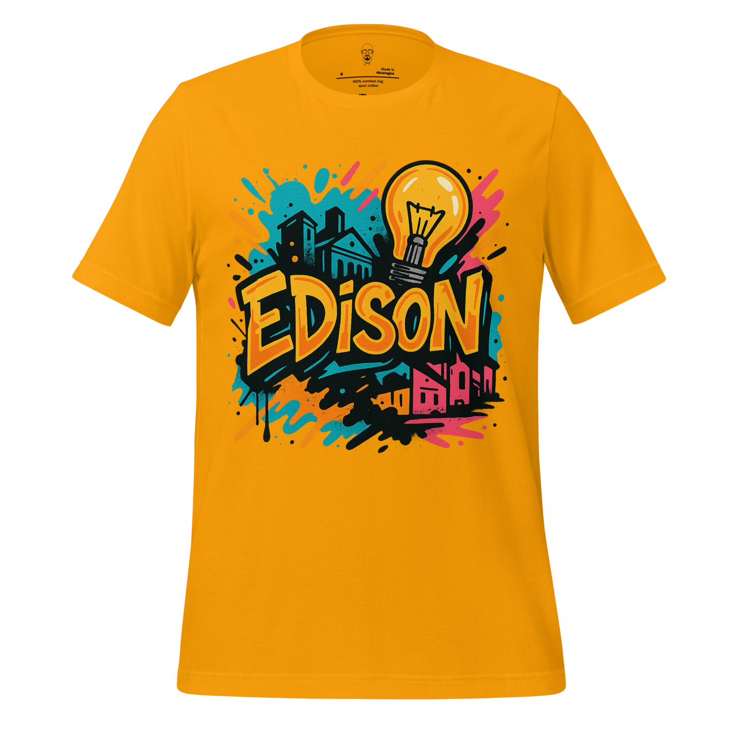 JMK Drip Edison Graphic T-Shirt in mustard yellow featuring colorful urban design with light bulb and bold Edison text