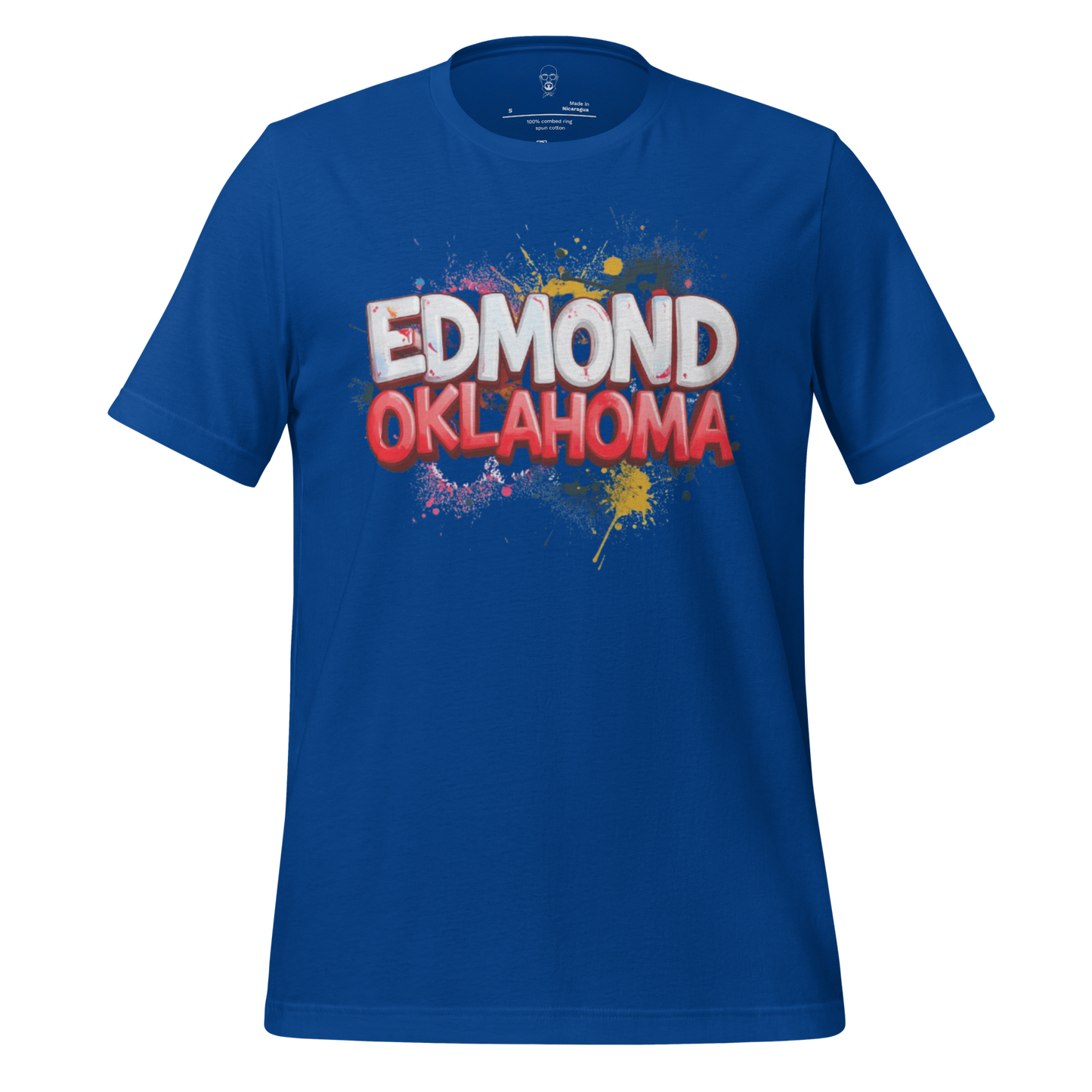 Blue Edmond Oklahoma graphic tee with colorful paint splatter design by JMK Drip