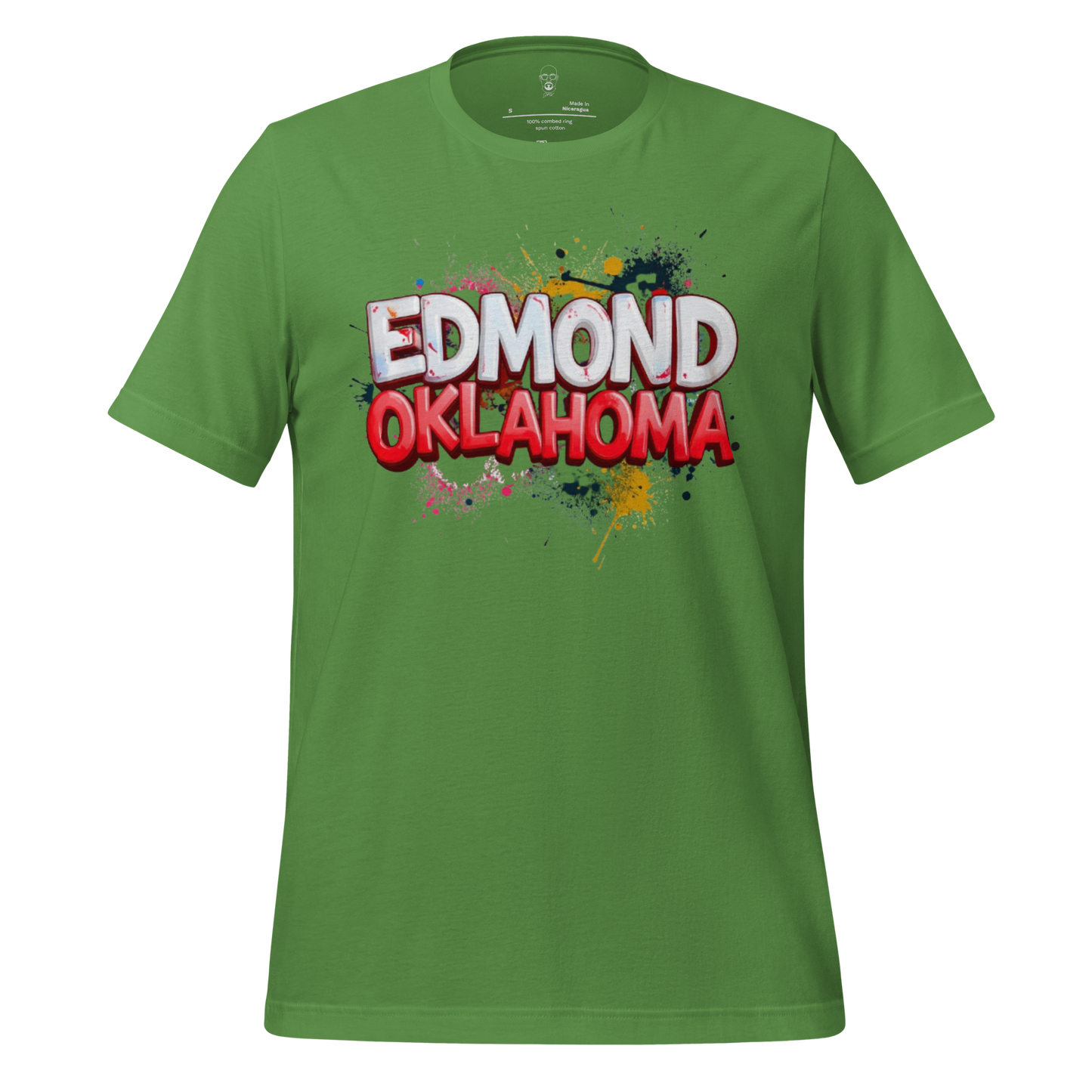Green Edmond Oklahoma graphic tee with colorful paint splatter design by JMK Drip
