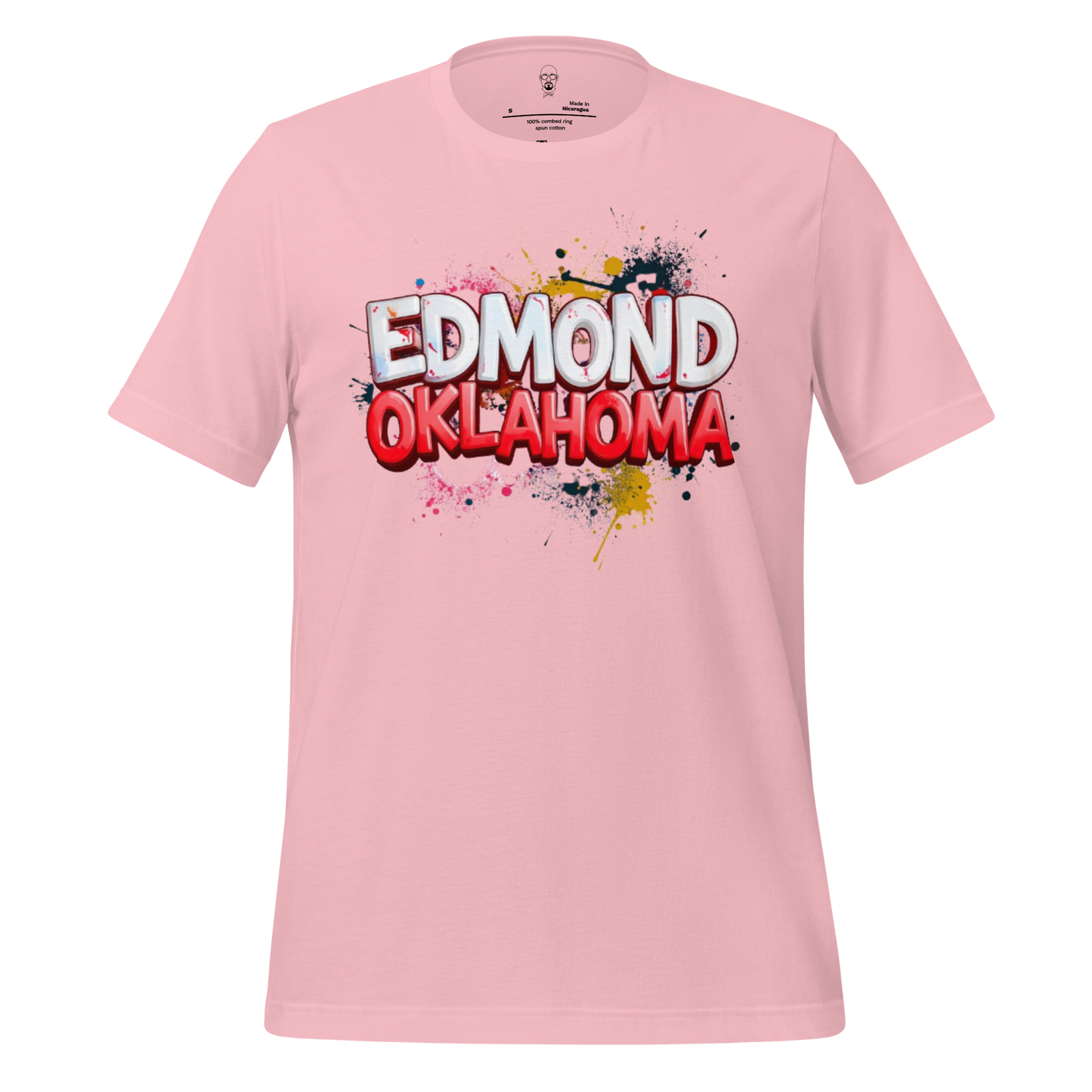JMK Drip pink Edmond Oklahoma graphic tee with colorful splatter design on front