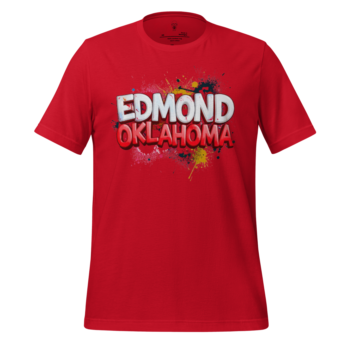 Red Edmond Oklahoma graphic tee by JMK Drip with colorful paint splatter design