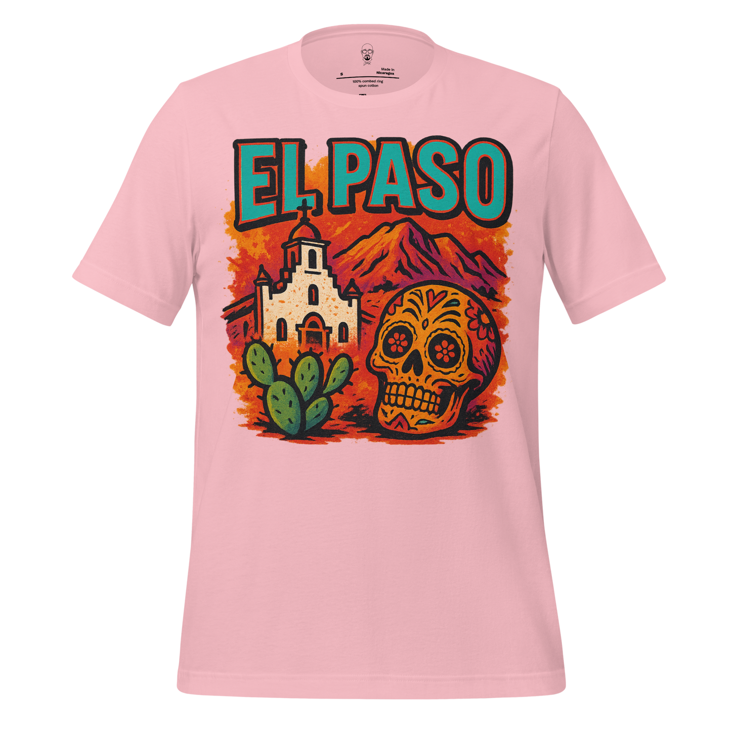 Pink El Paso graphic t-shirt with colorful desert skull, cactus, and church illustration
