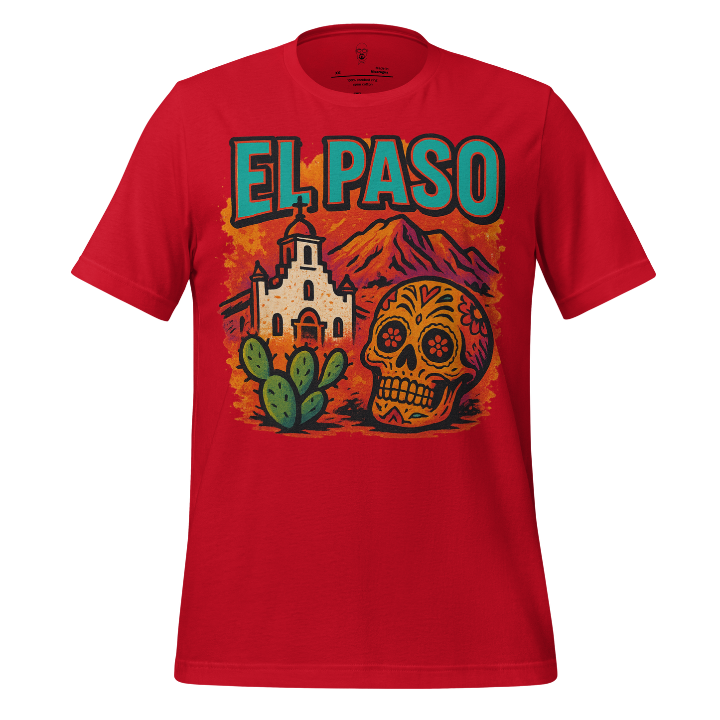 JMK Drip red El Paso graphic t-shirt featuring skull, cactus, church, and mountains design
