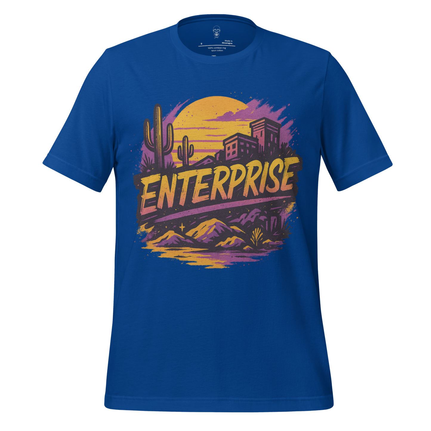 JMK Drip blue Enterprise Graphic T-Shirt with desert sunset design featuring cacti and buildings