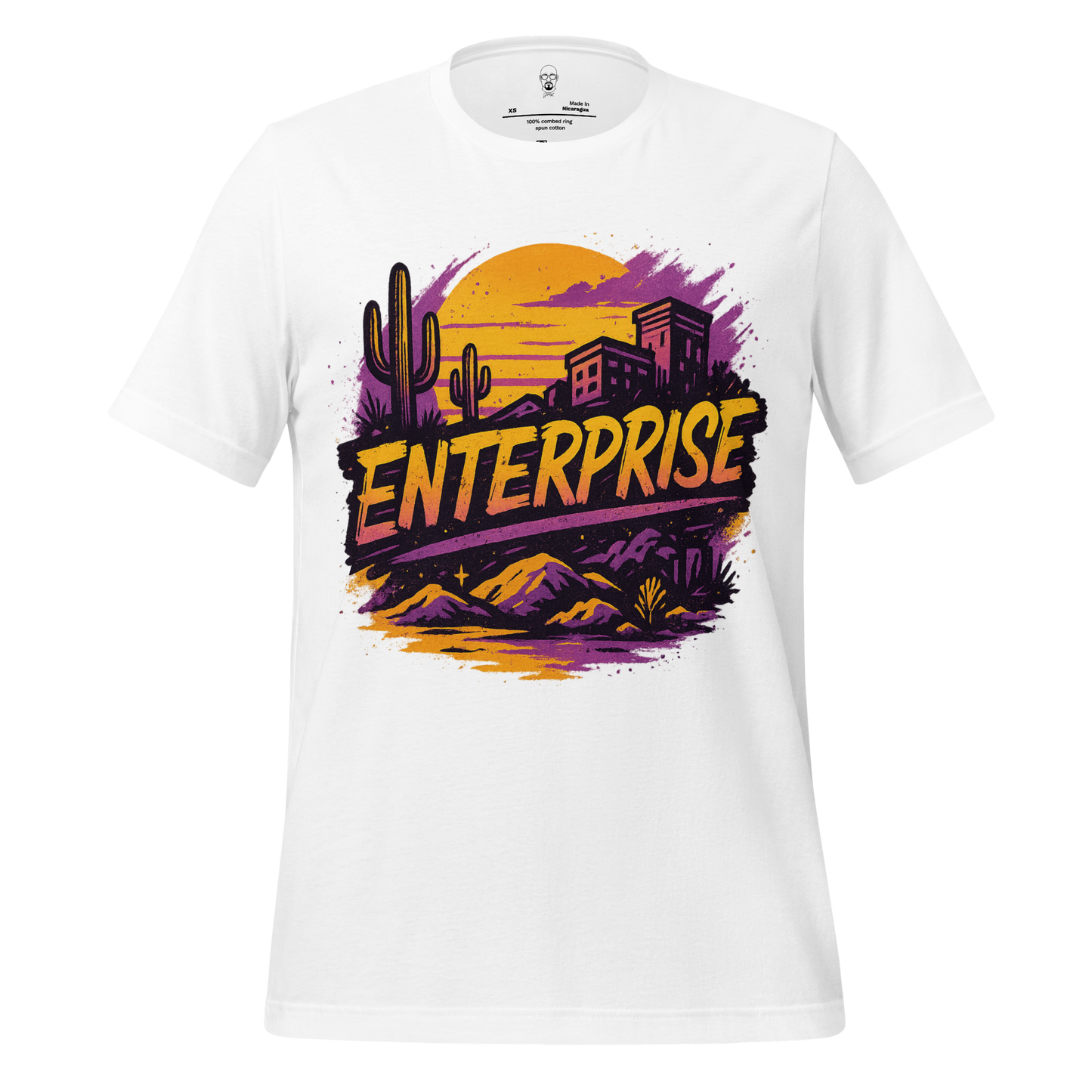 White Enterprise Graphic T-Shirt by JMK Drip featuring desert sunset design with cacti and buildings