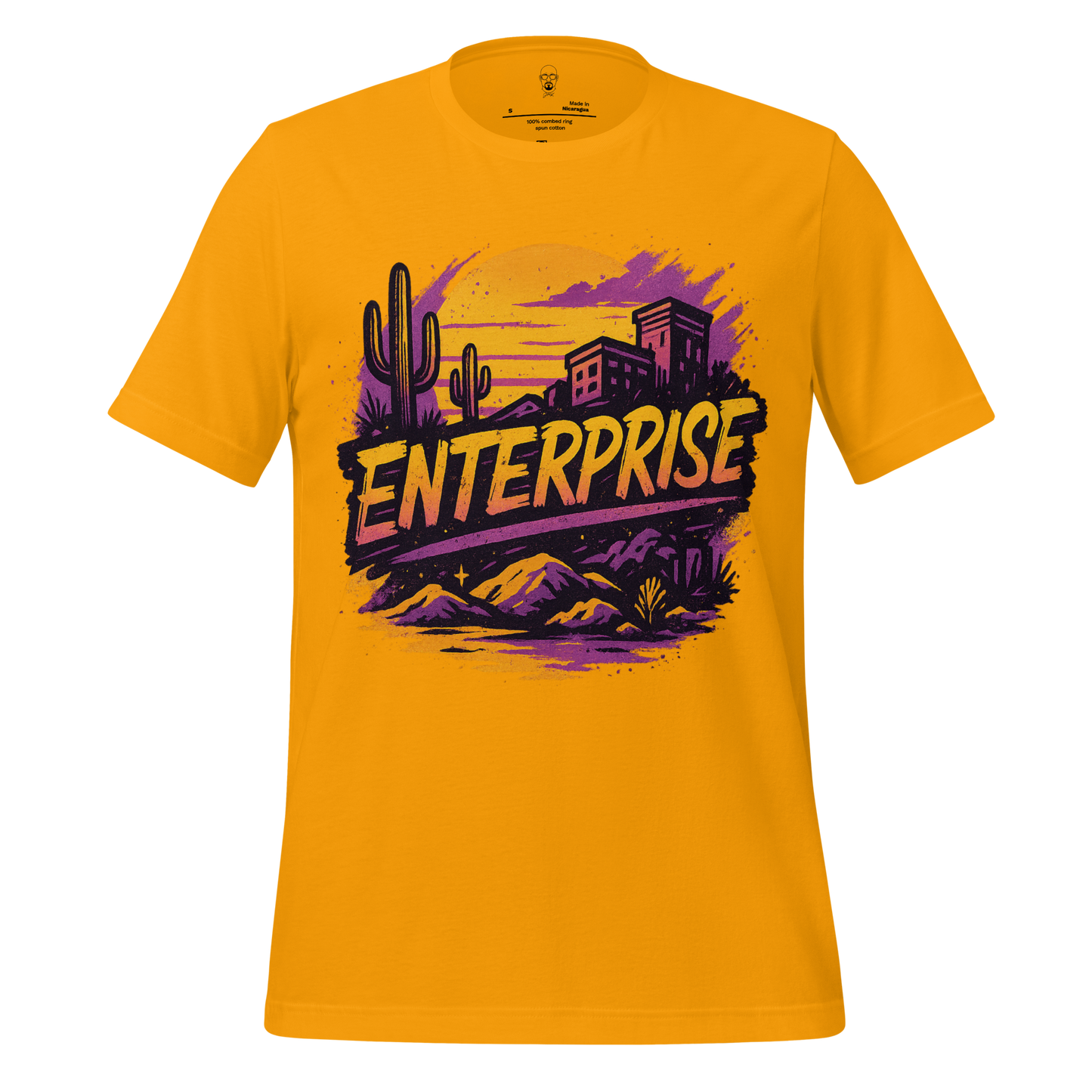 JMK Drip yellow Enterprise Graphic T-Shirt with desert sunset and cactus design