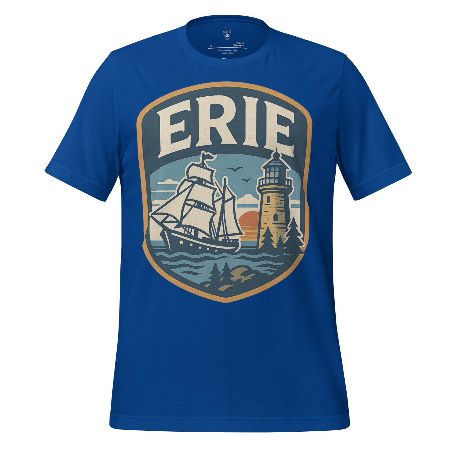 Blue Erie Graphic T-Shirt by JMK Drip with vintage ship and lighthouse design