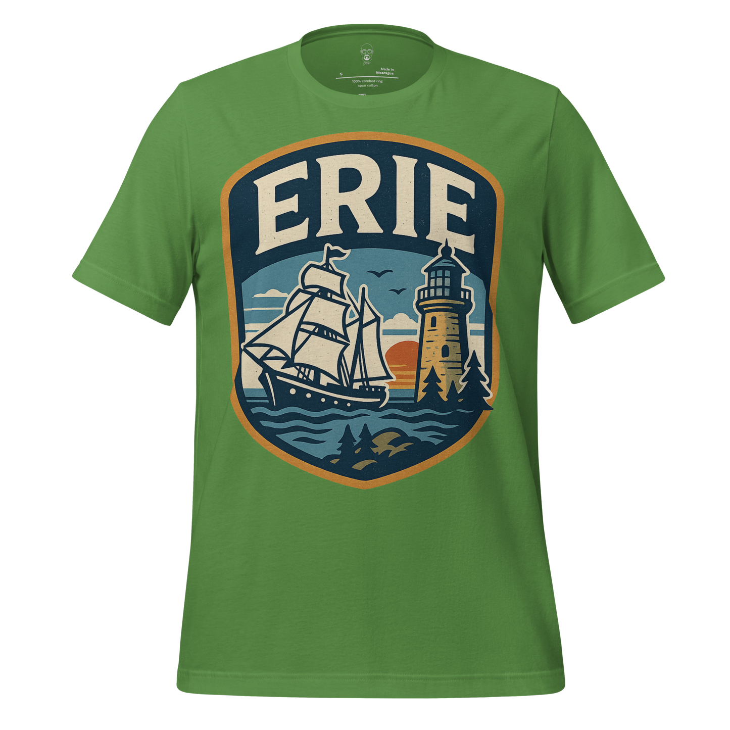 Green Erie Graphic T-Shirt by JMK Drip featuring a ship and lighthouse design on front