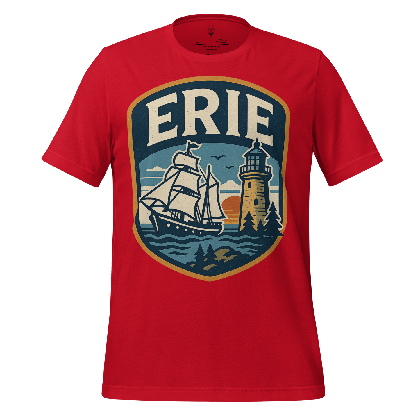 JMK Drip Erie Graphic T-Shirt in red with vintage ship and lighthouse design