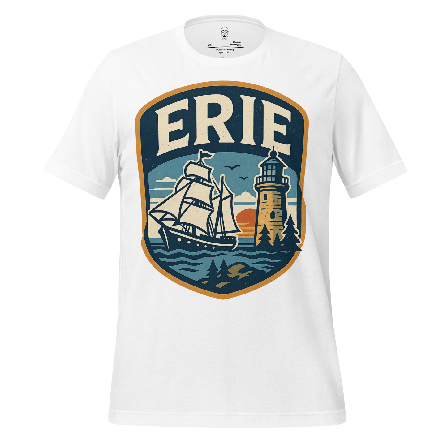White Erie Graphic T-Shirt by JMK Drip featuring a ship and lighthouse design with sunset background