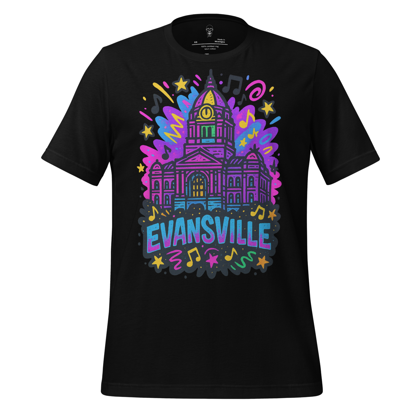 Black JMK Drip Evansville Graphic T-Shirt with colorful city hall illustration and musical notes design