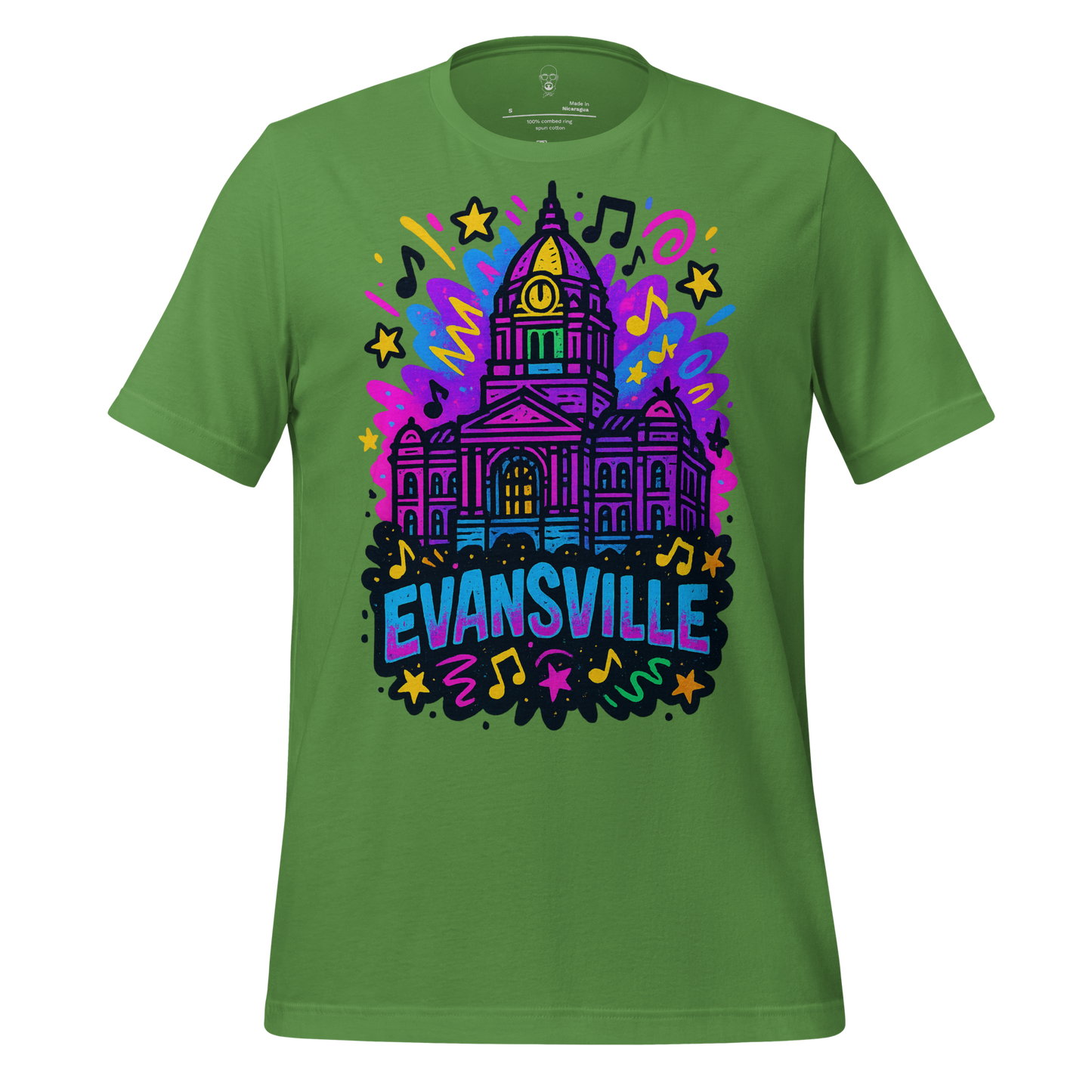 Green Evansville Graphic T-Shirt with colorful city hall illustration and musical notes design