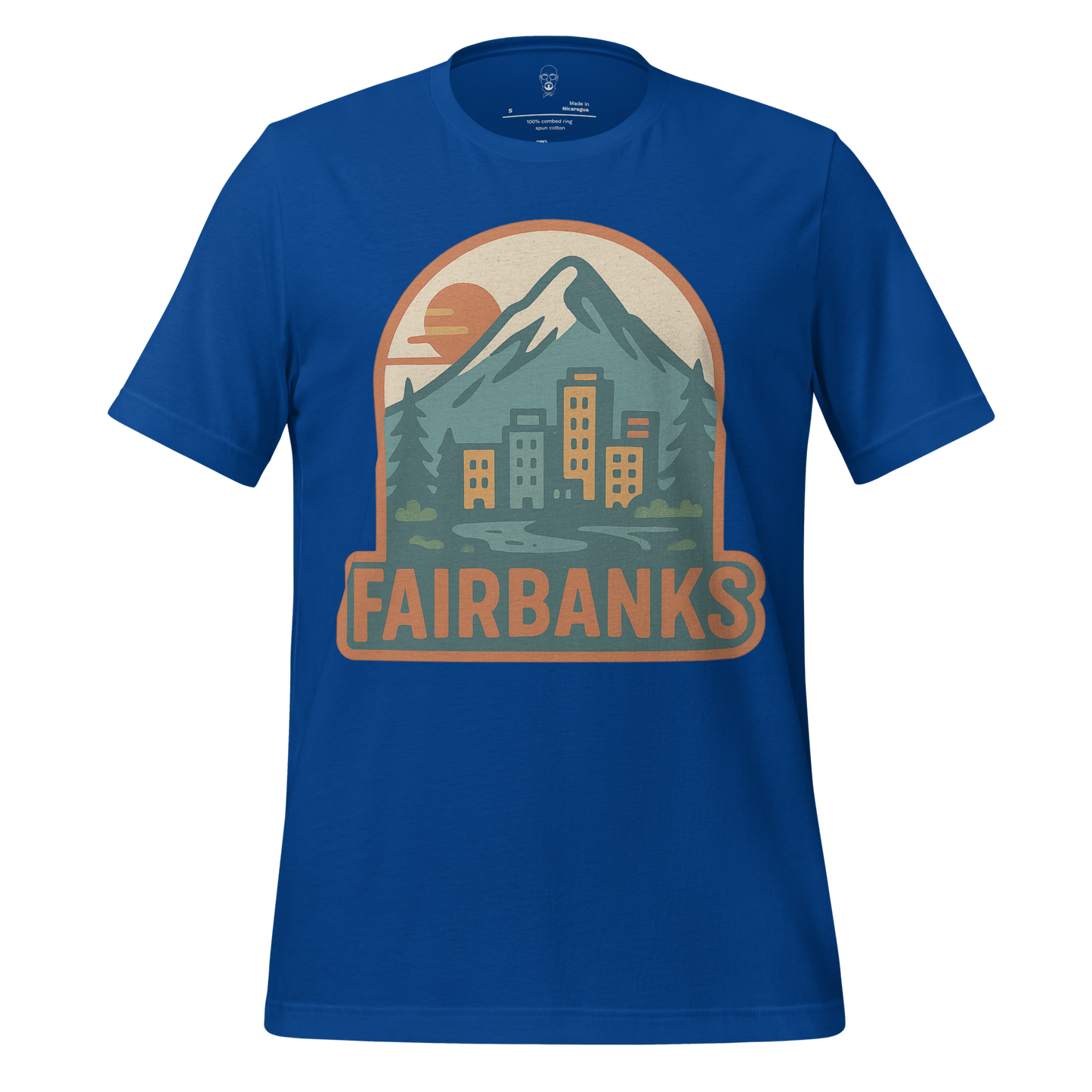 Blue Fairbanks Graphic T Shirt with mountain and city skyline design by JMK Drip